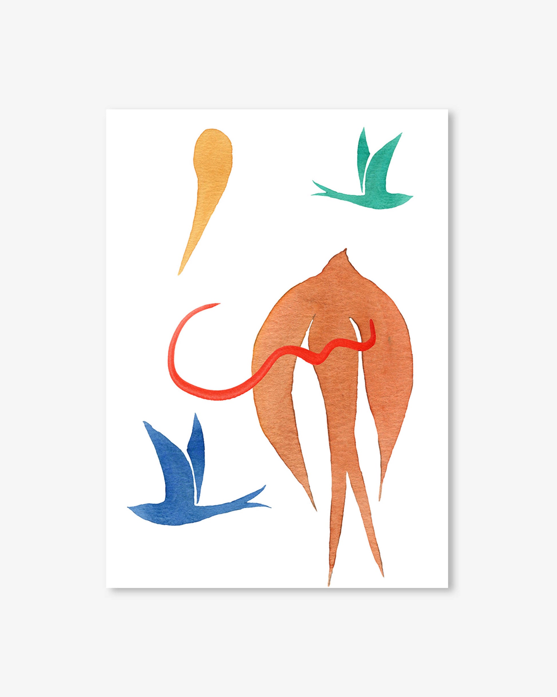 Abstract art piece with colorful shapes on a white background