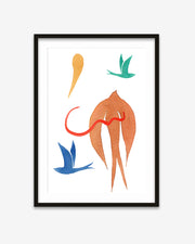 Framed abstract artwork with colorful shapes on a white background