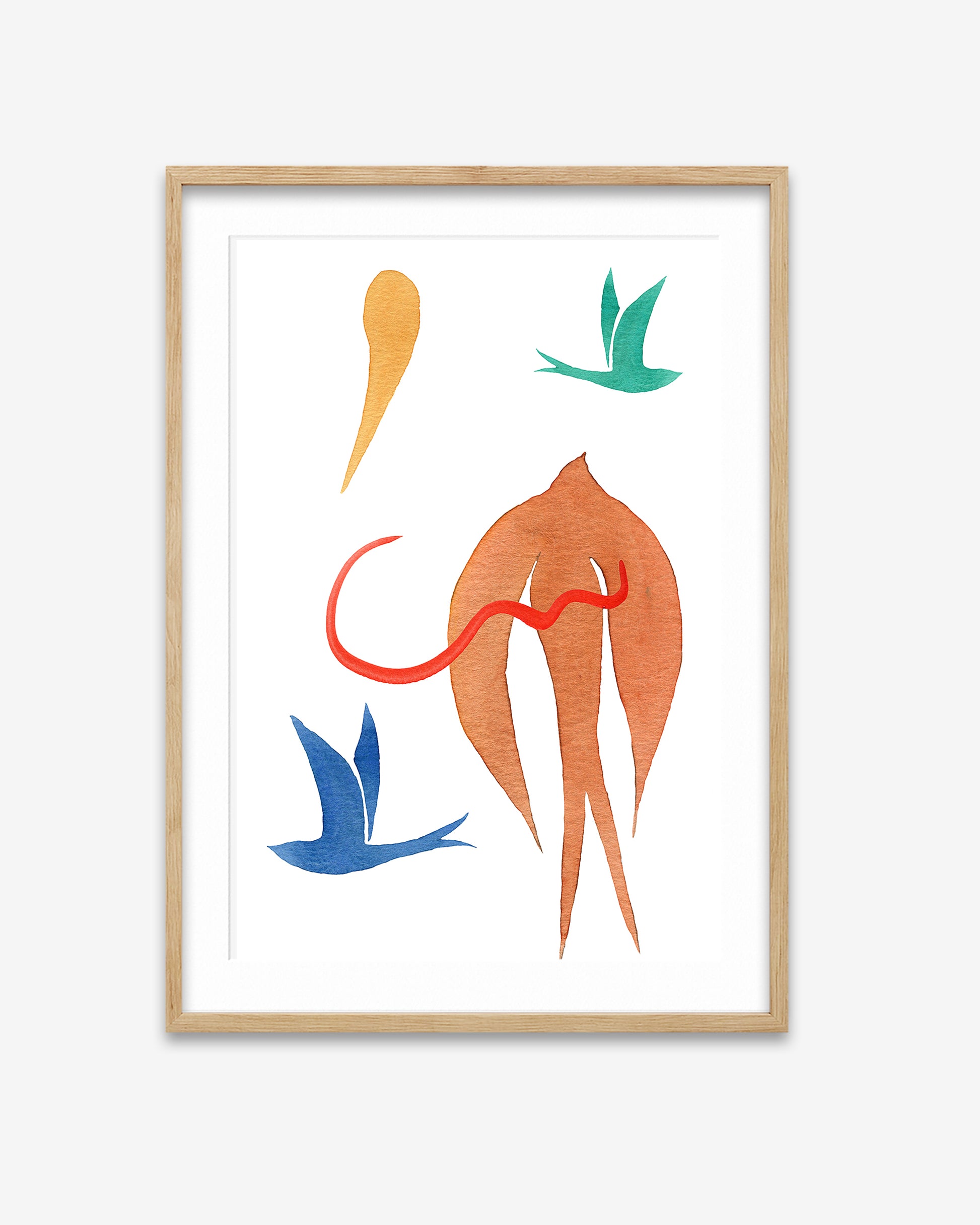 Framed abstract artwork with colorful shapes on a white background