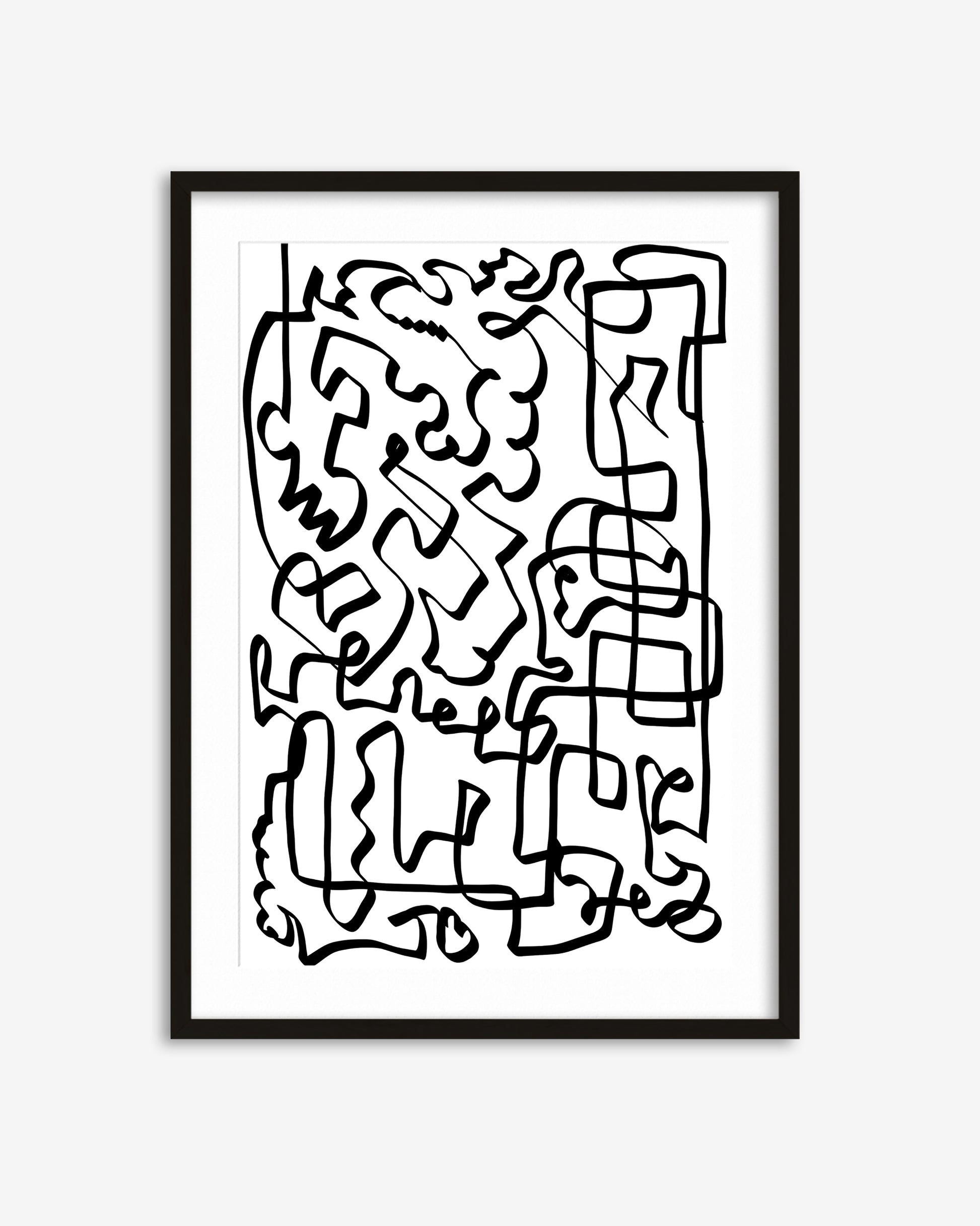 Framed abstract black line art on a white background