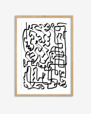 Framed abstract black line art on a white background