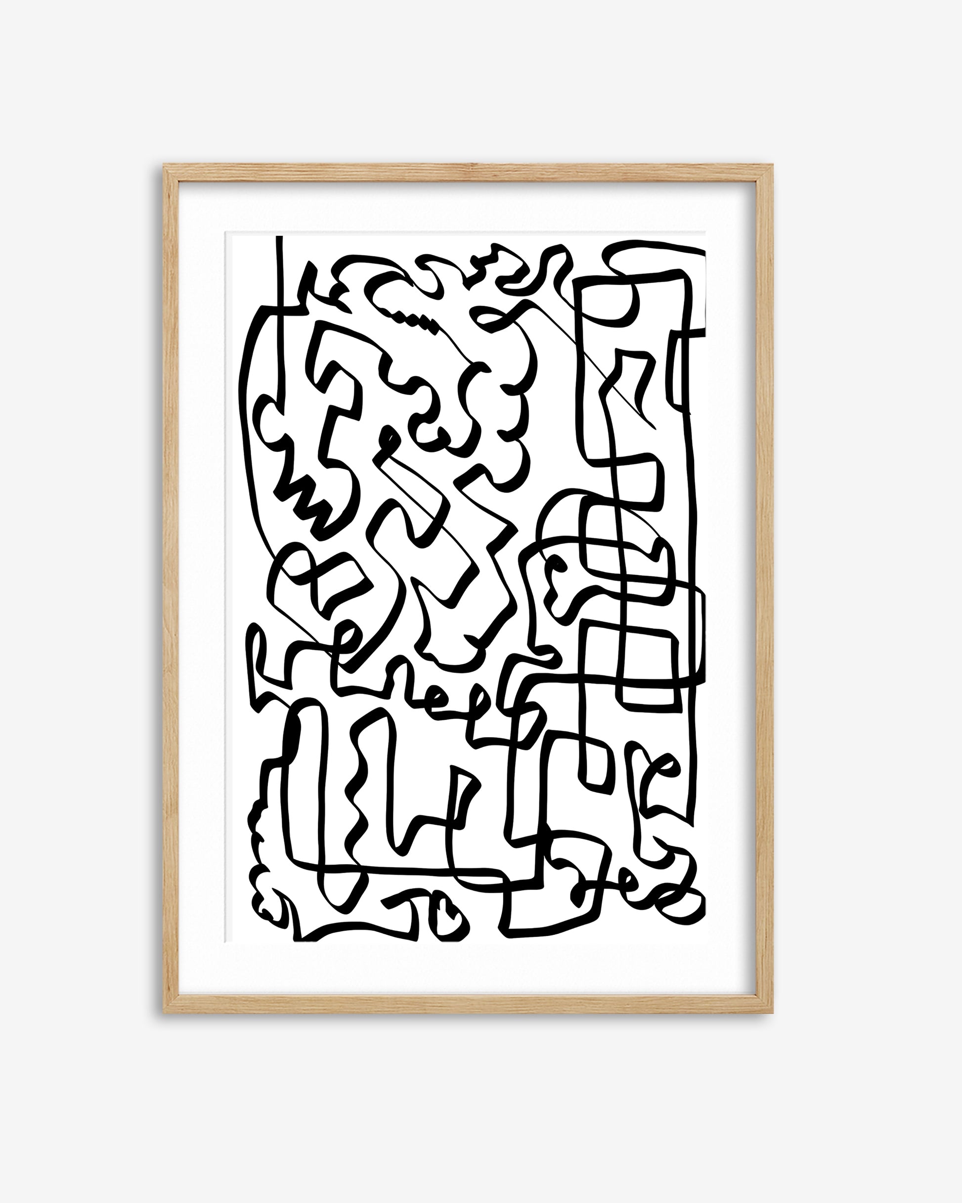 Framed abstract black line art on a white background