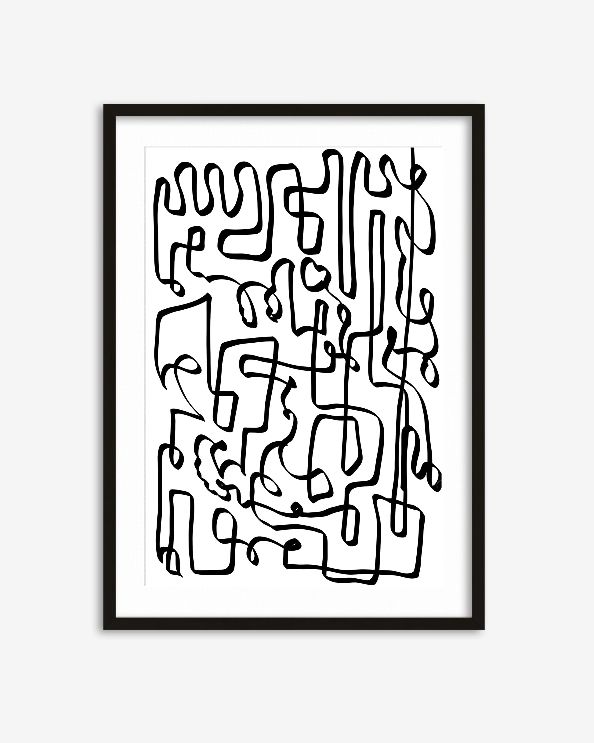 Framed abstract black line art on a white background