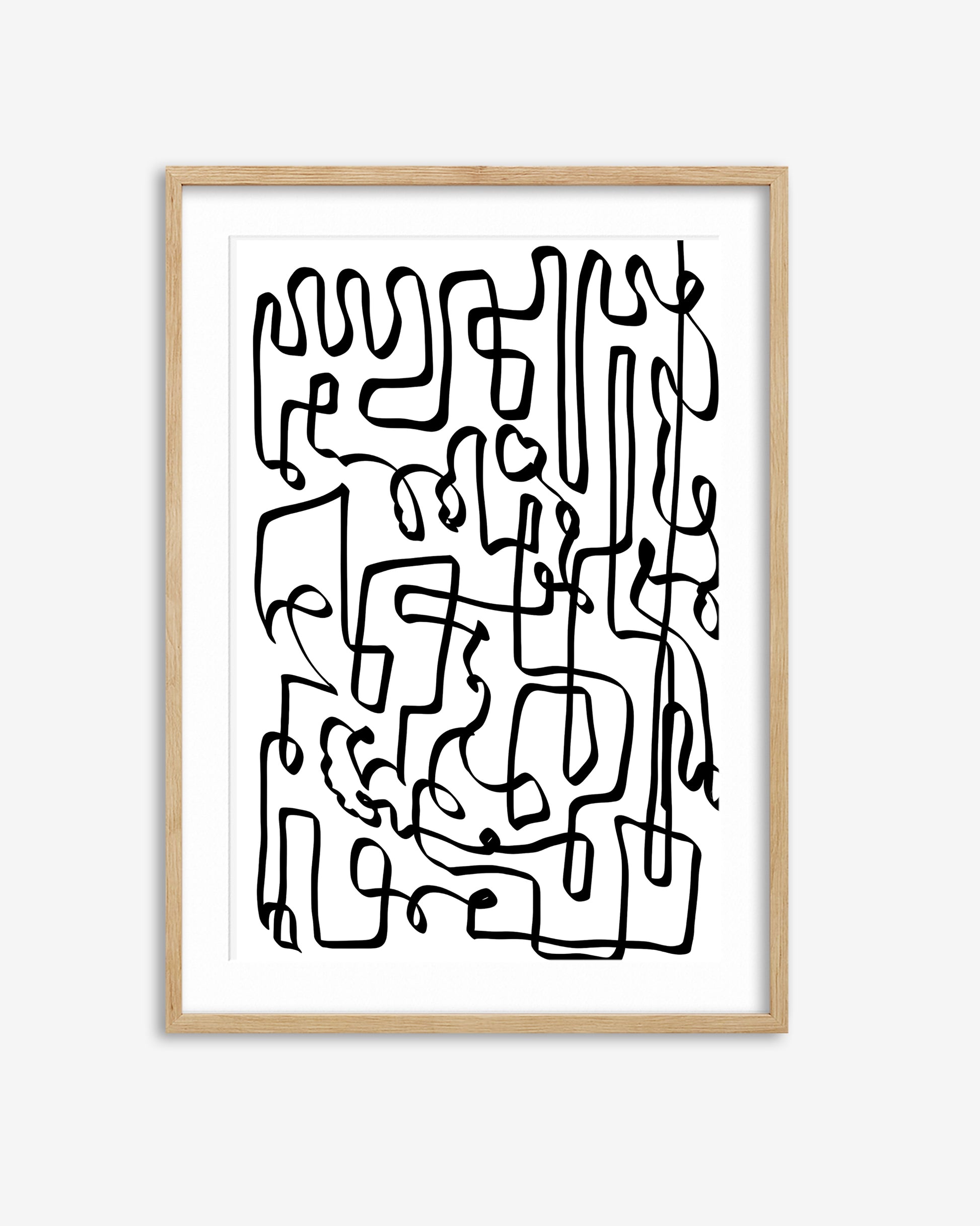 Framed abstract black line art on a white background