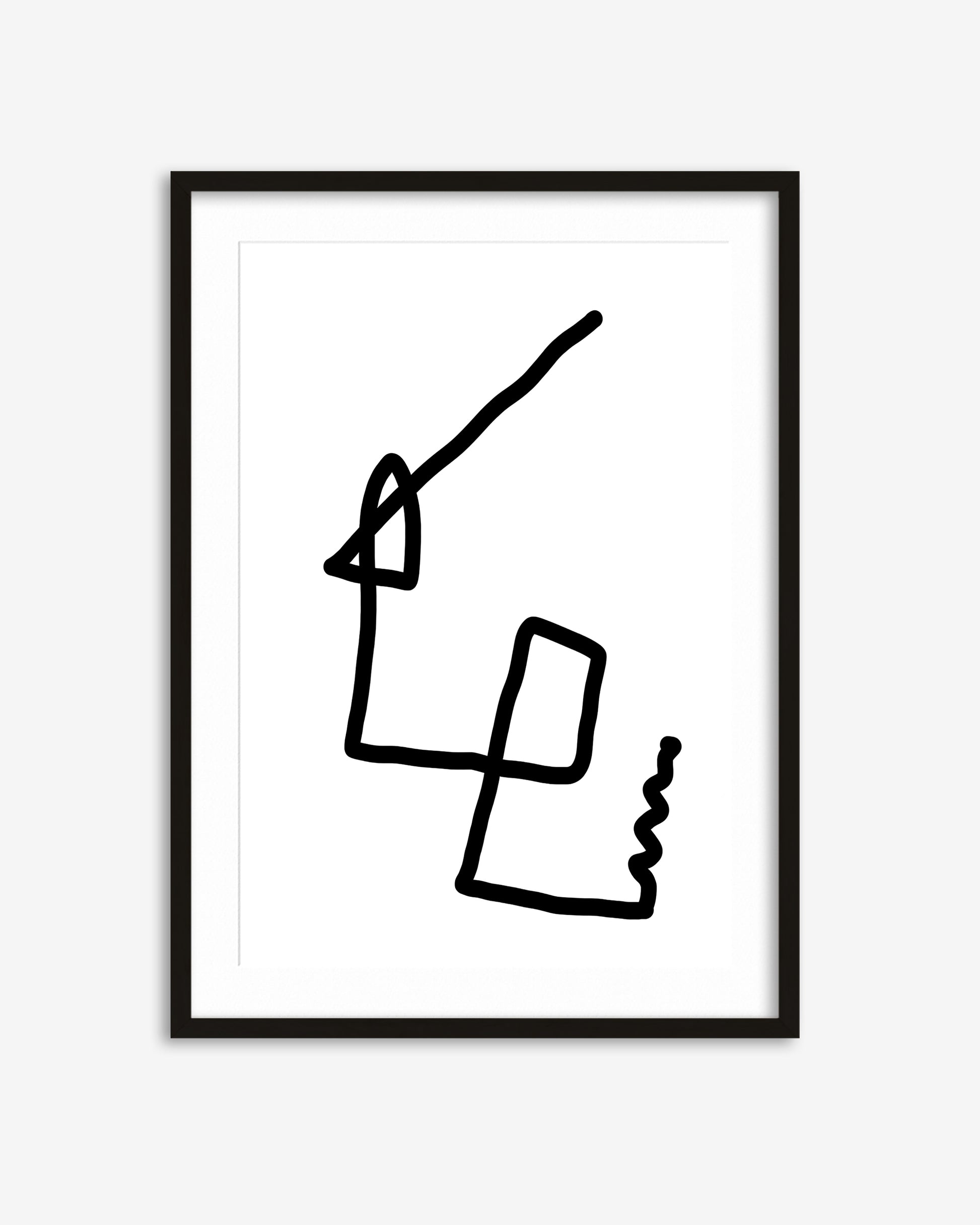 Framed abstract black line art on a white background