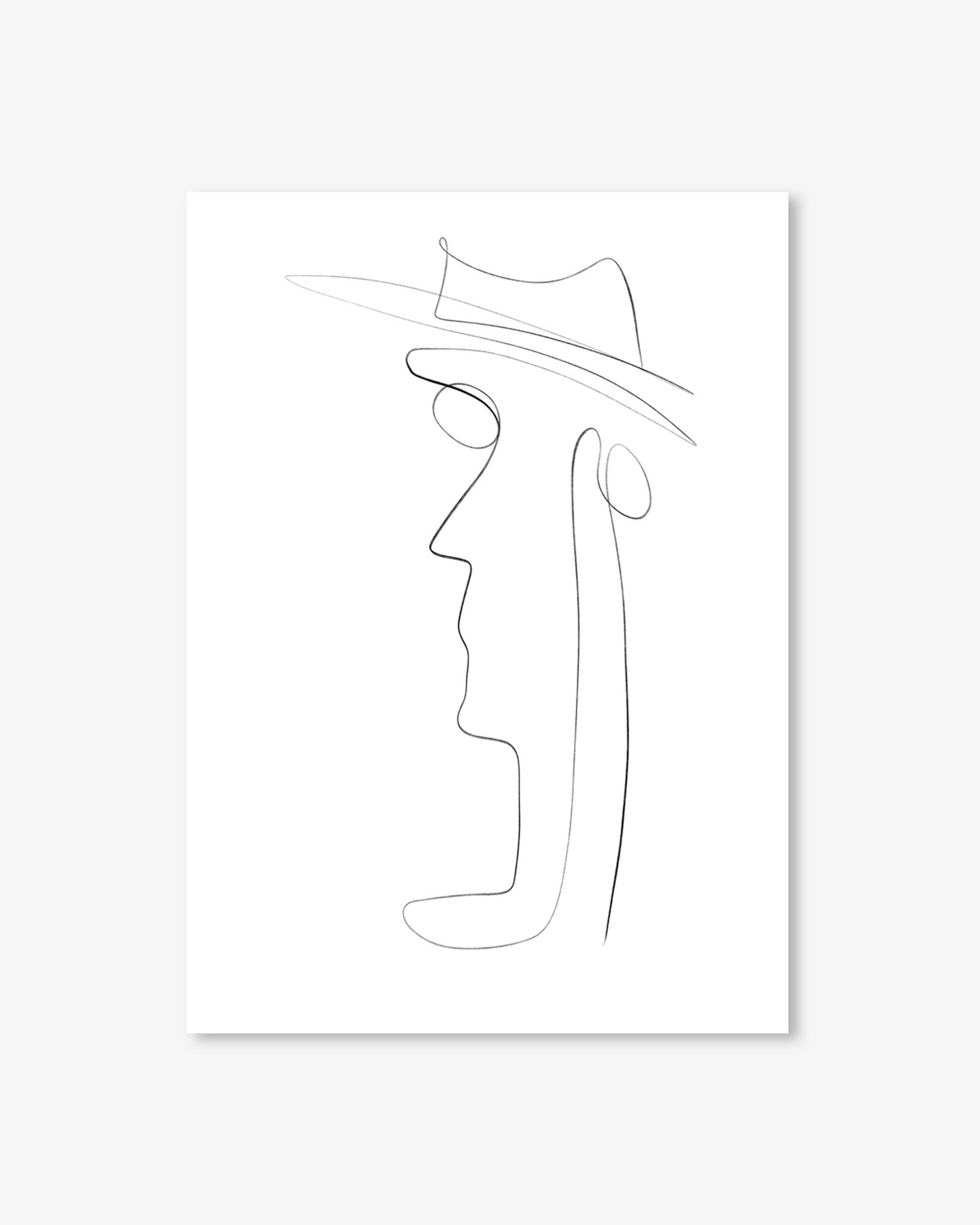 Abstract line art of a person wearing a hat on a white background