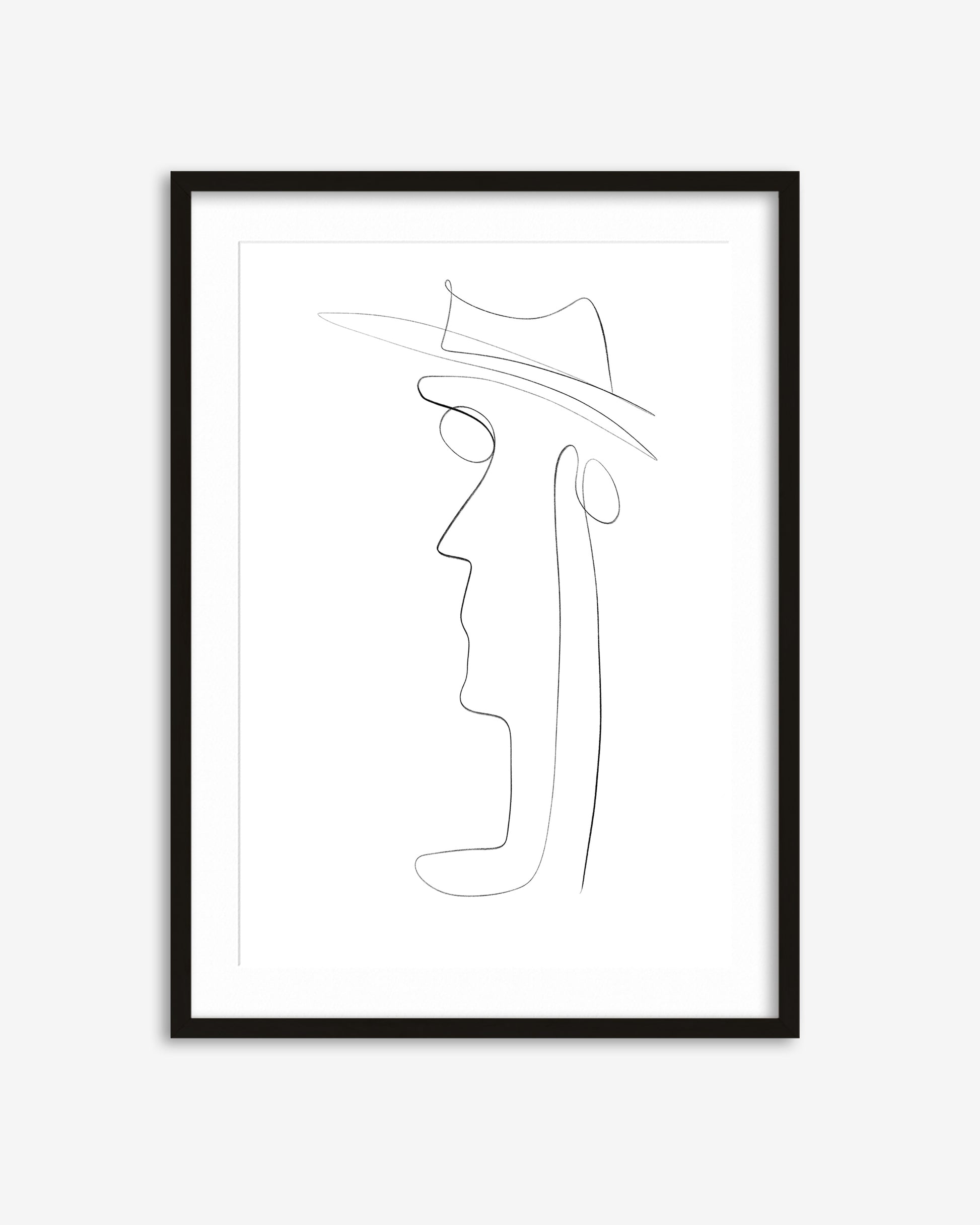 Framed line art of a face with a hat on a white background