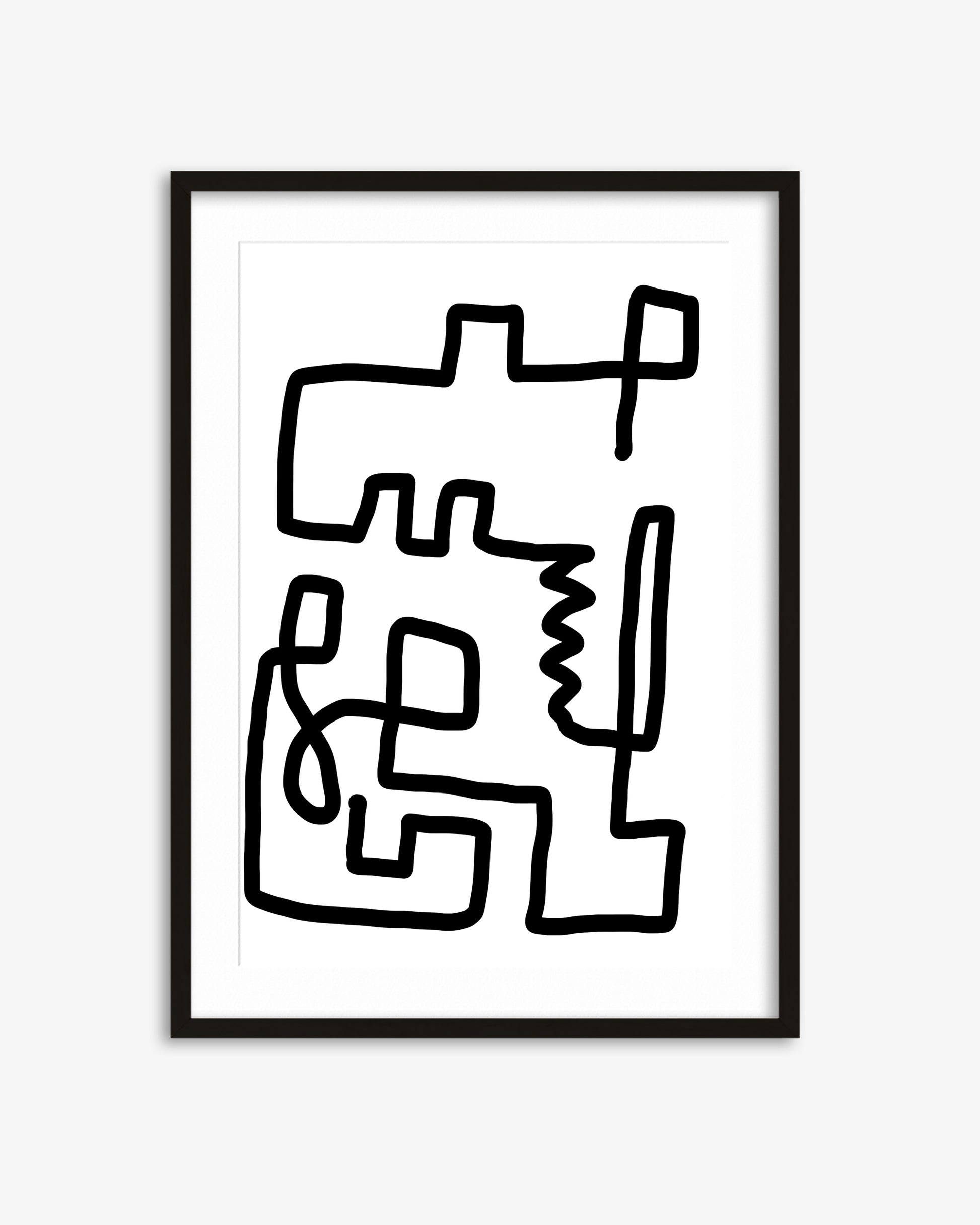 Framed abstract black line art on a white background