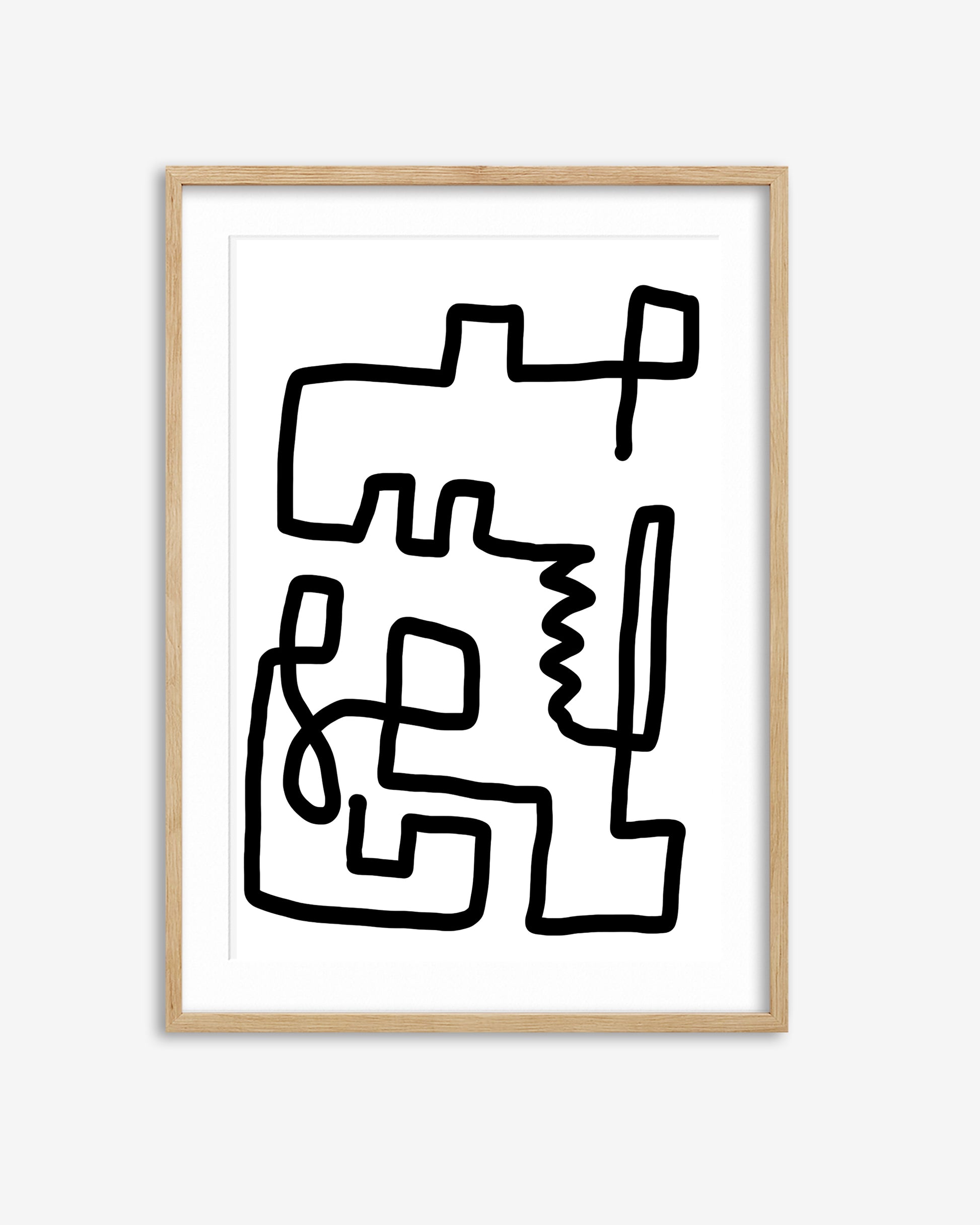 Framed abstract artwork with black lines on a white background