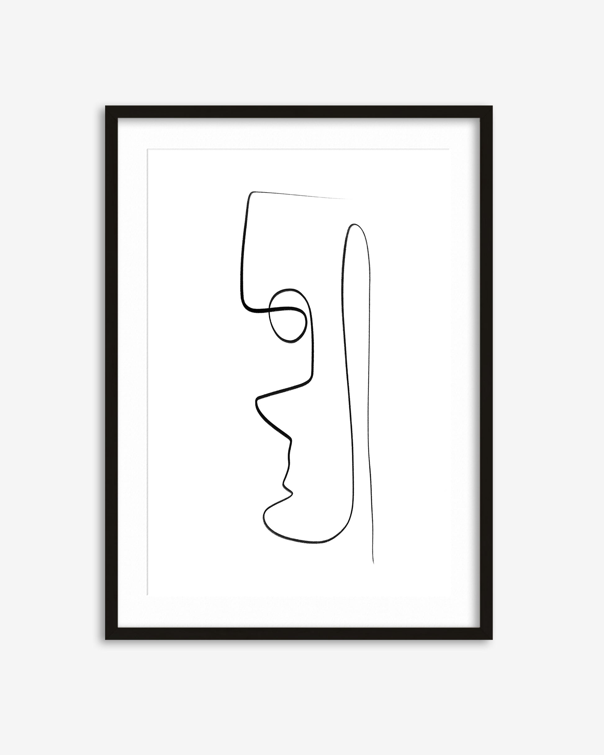 Framed abstract line art of a face on a white background