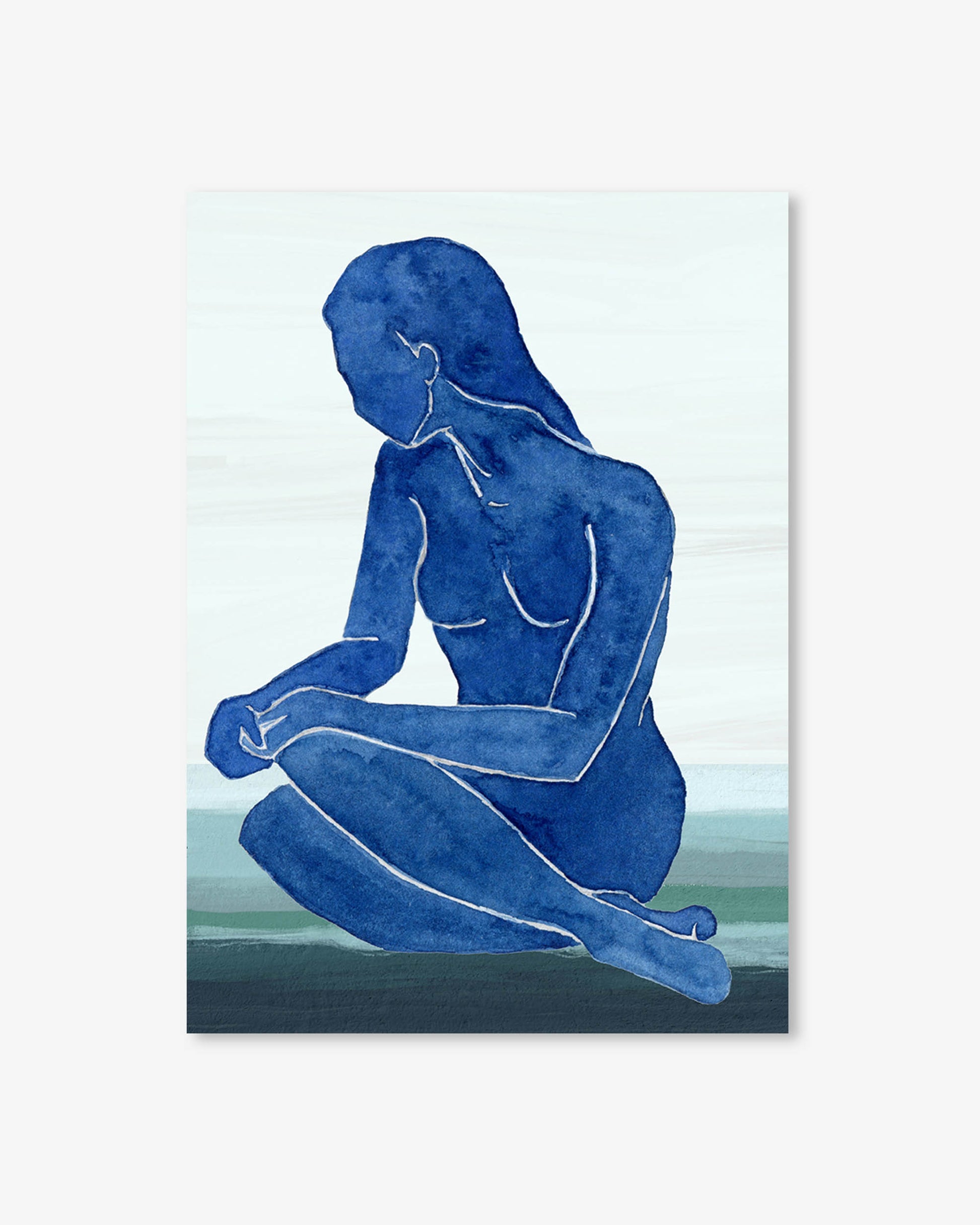 Blue silhouette of a person sitting on a minimalistic background