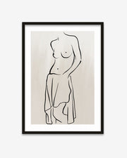 Framed line art of a nude figure on a beige background