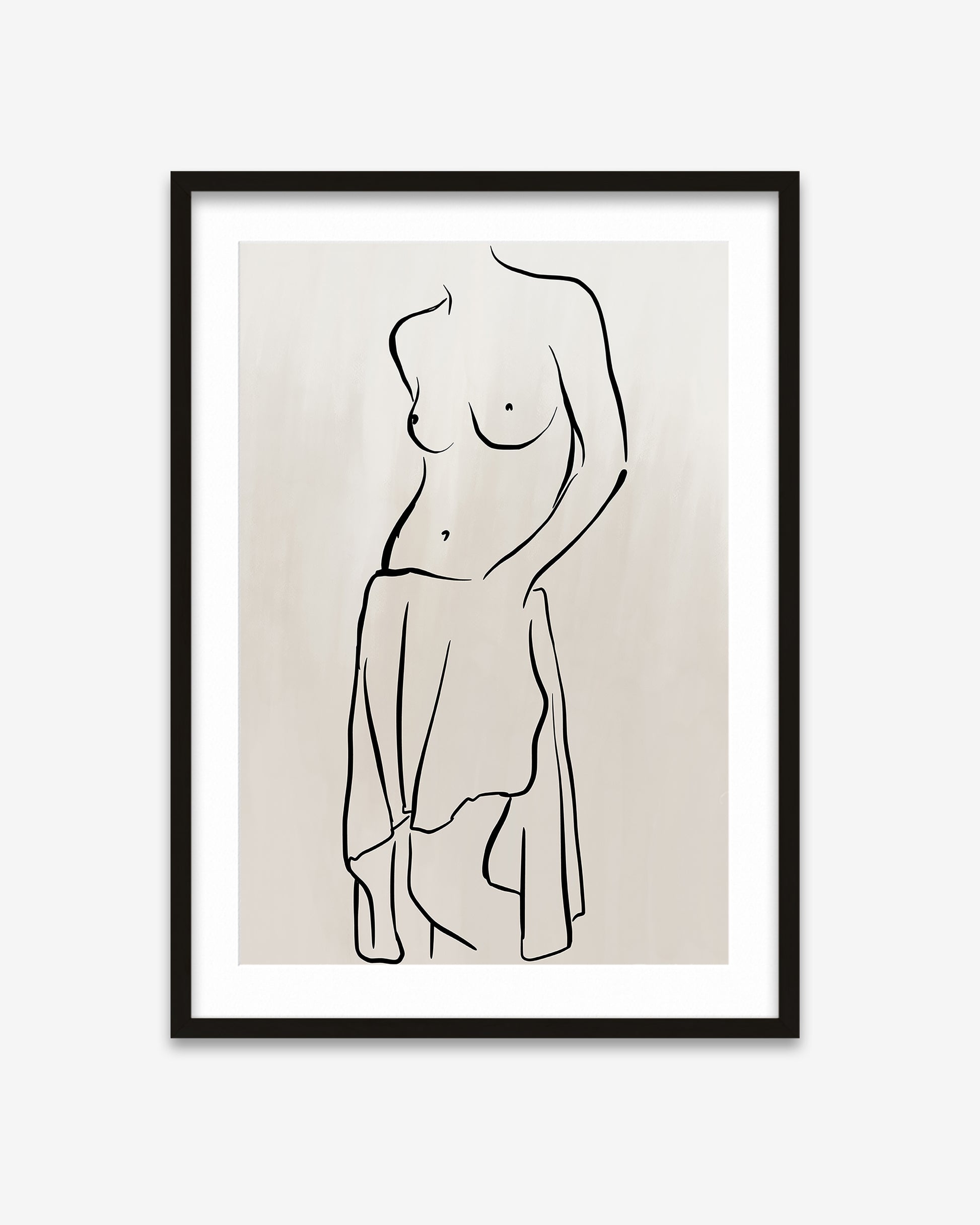 Framed line art of a nude figure on a beige background