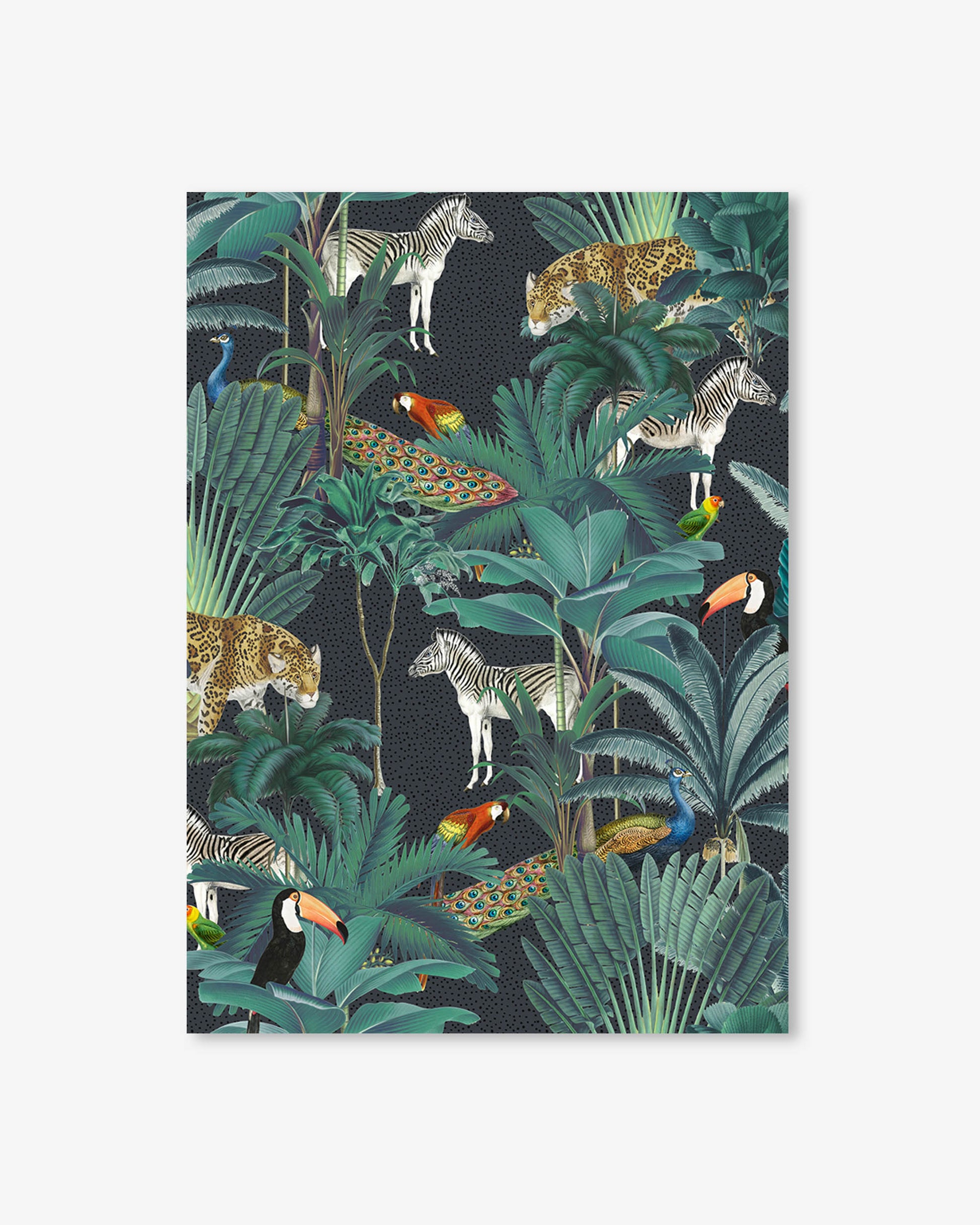 Jungle-themed fabric with animals and plants on a dark background