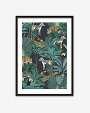 Framed artwork of a jungle scene with animals and foliage on a white background