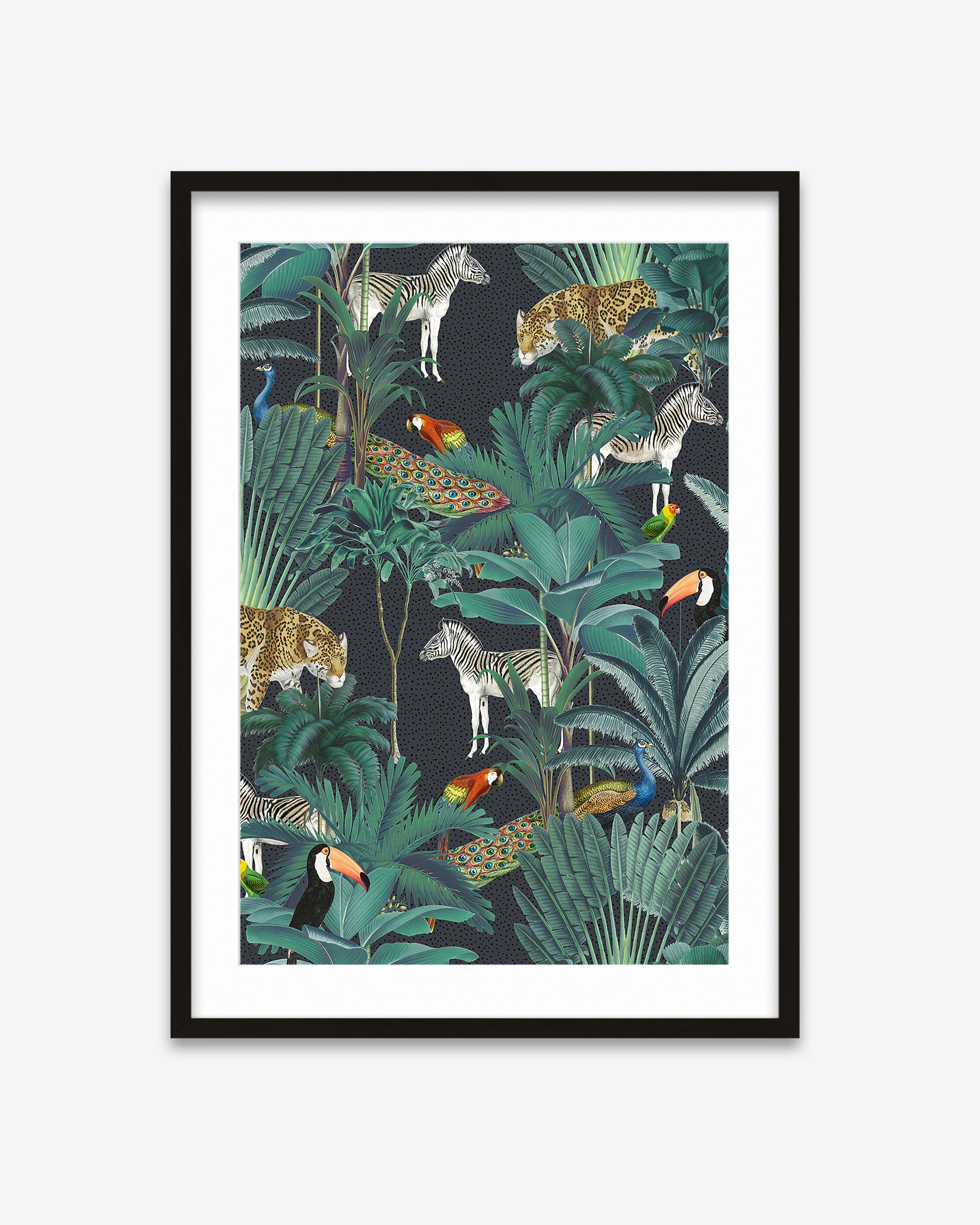 Framed artwork of a jungle scene with animals and foliage on a white background