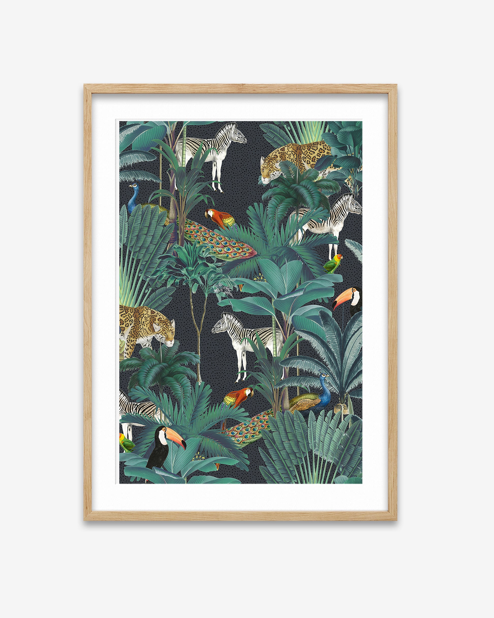 Framed artwork of a jungle scene with animals and foliage on a white background