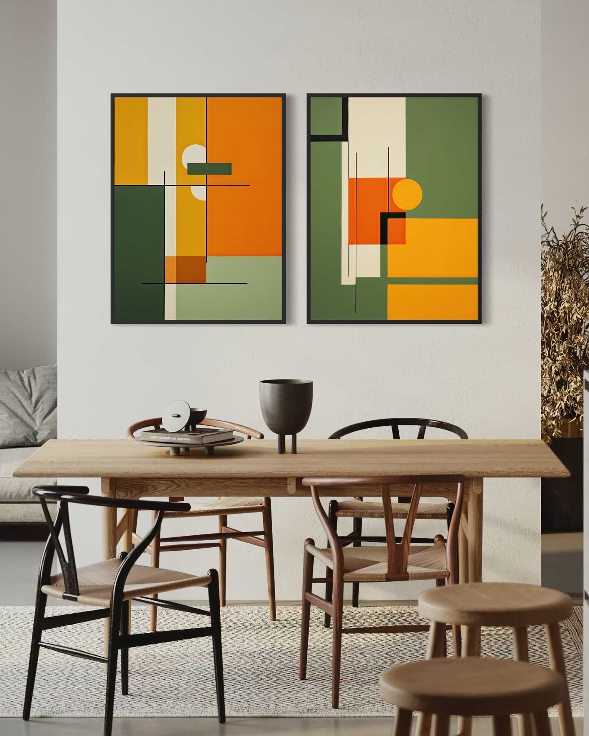 Dining room with a wooden table and chairs, featuring abstract art on the wall.