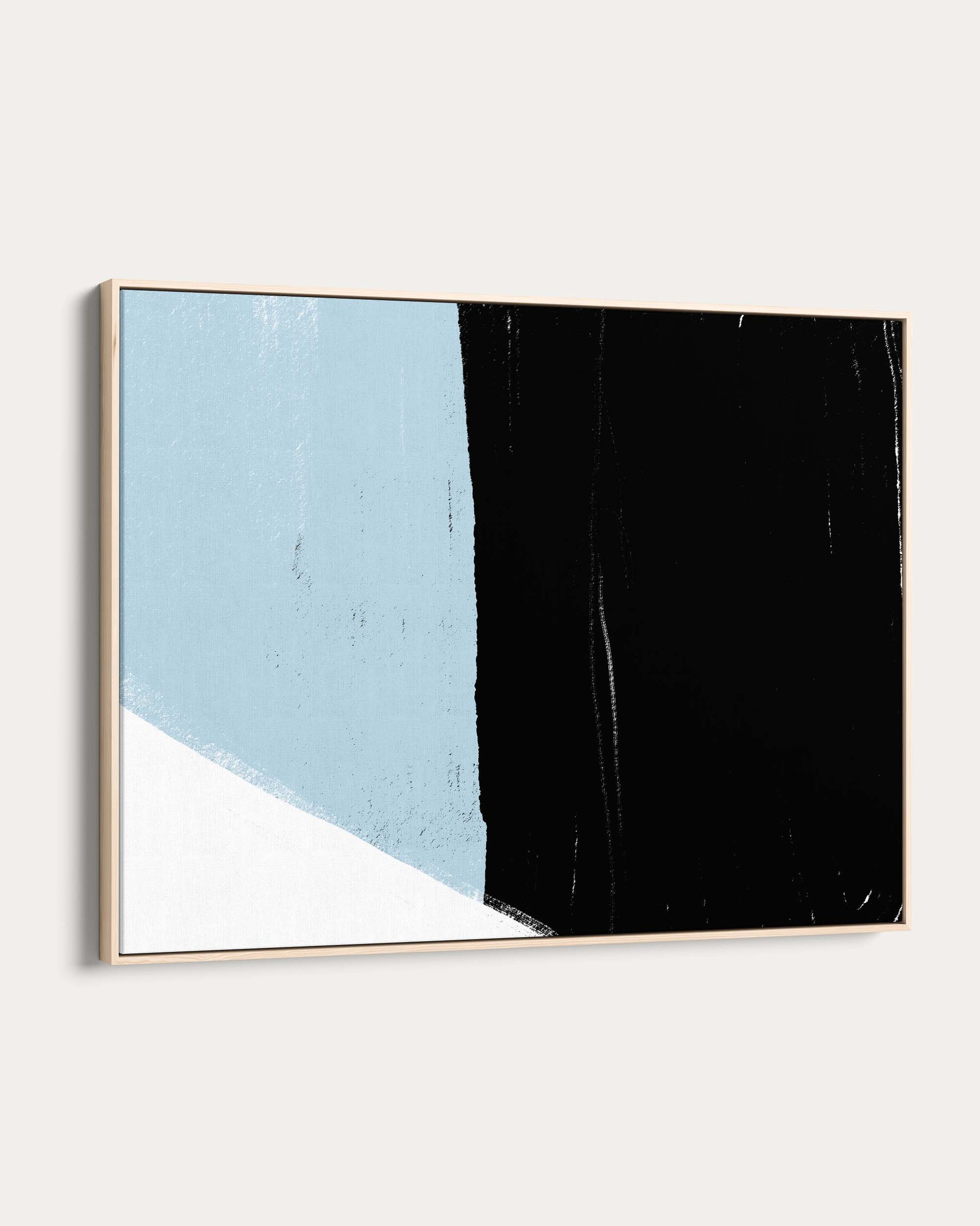 Abstract art print with blue, black, and white shapes on a light gray background