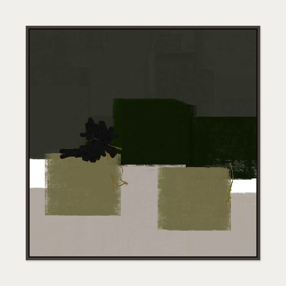 Geometric Olive Green Canvas Art — 100 x 100 cm — Brown Frame