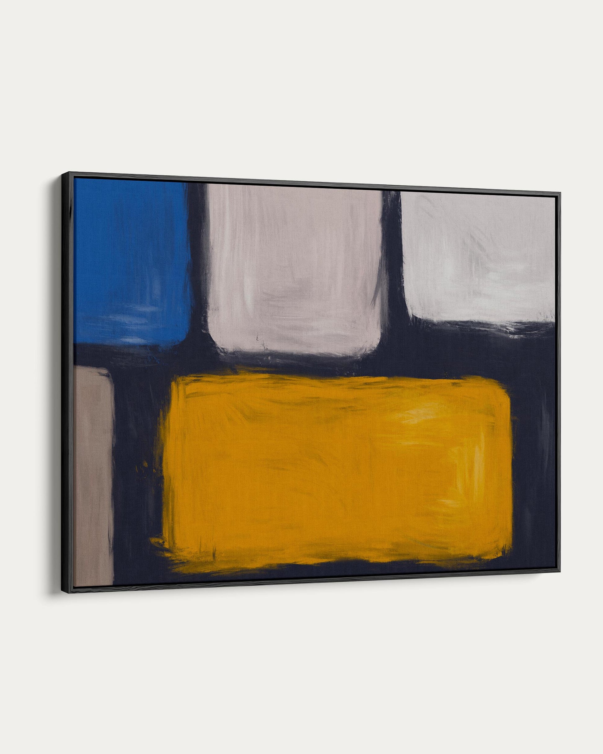 Abstract painting with blue, yellow, and gray shapes on a white background