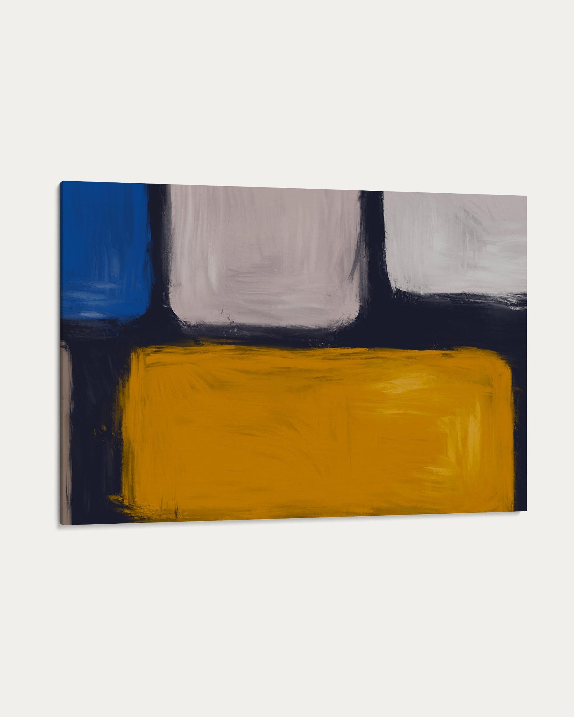 Abstract painting with blue, white, and yellow shapes on a white background