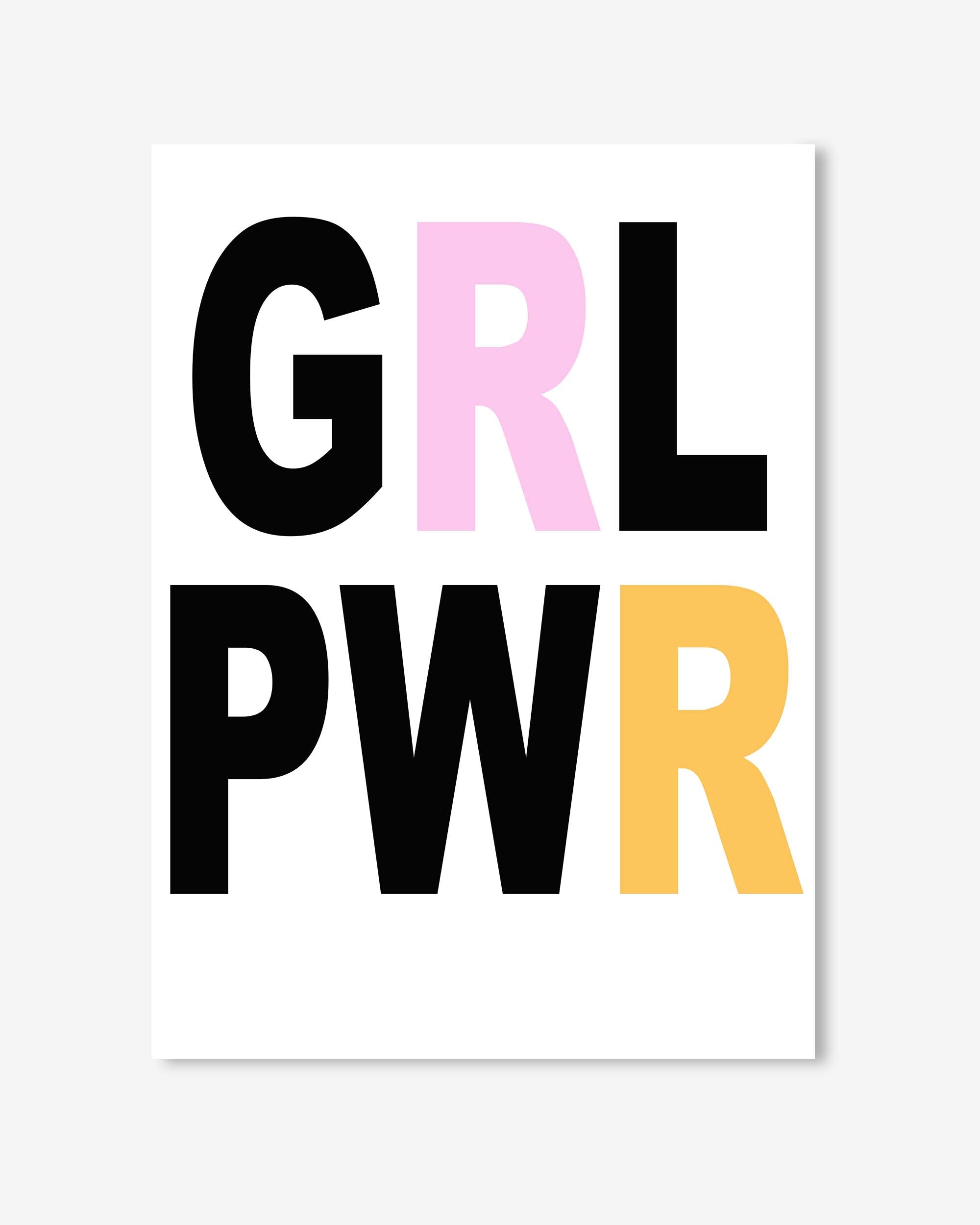 Poster with 'GRL PWR' text in black, pink, and yellow on a white background