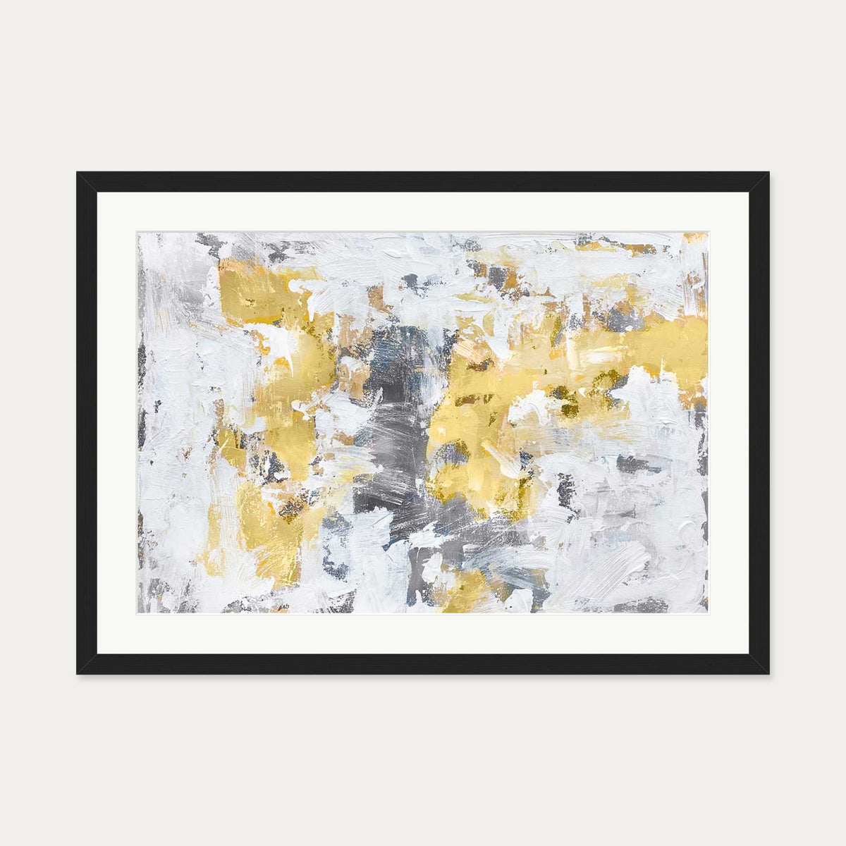 Gold and Grey Brushstrokes Art Print — 50 x 70 cm — Black Frame