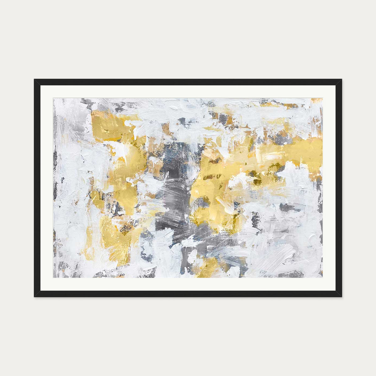 Gold and Grey Brushstrokes Art Print — 70 x 100 cm — Black Frame