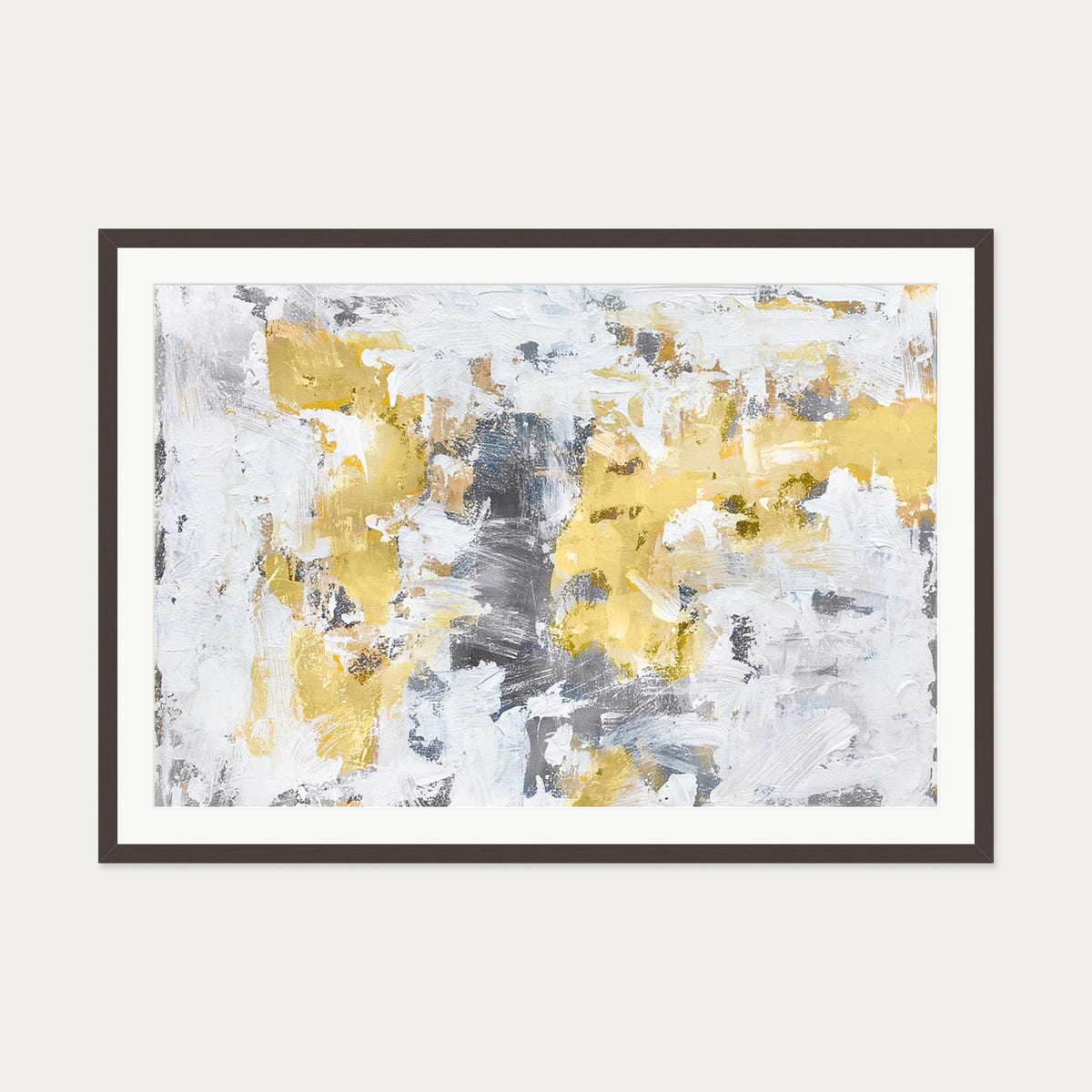 Gold and Grey Brushstrokes Art Print — 70 x 100 cm — Brown Frame