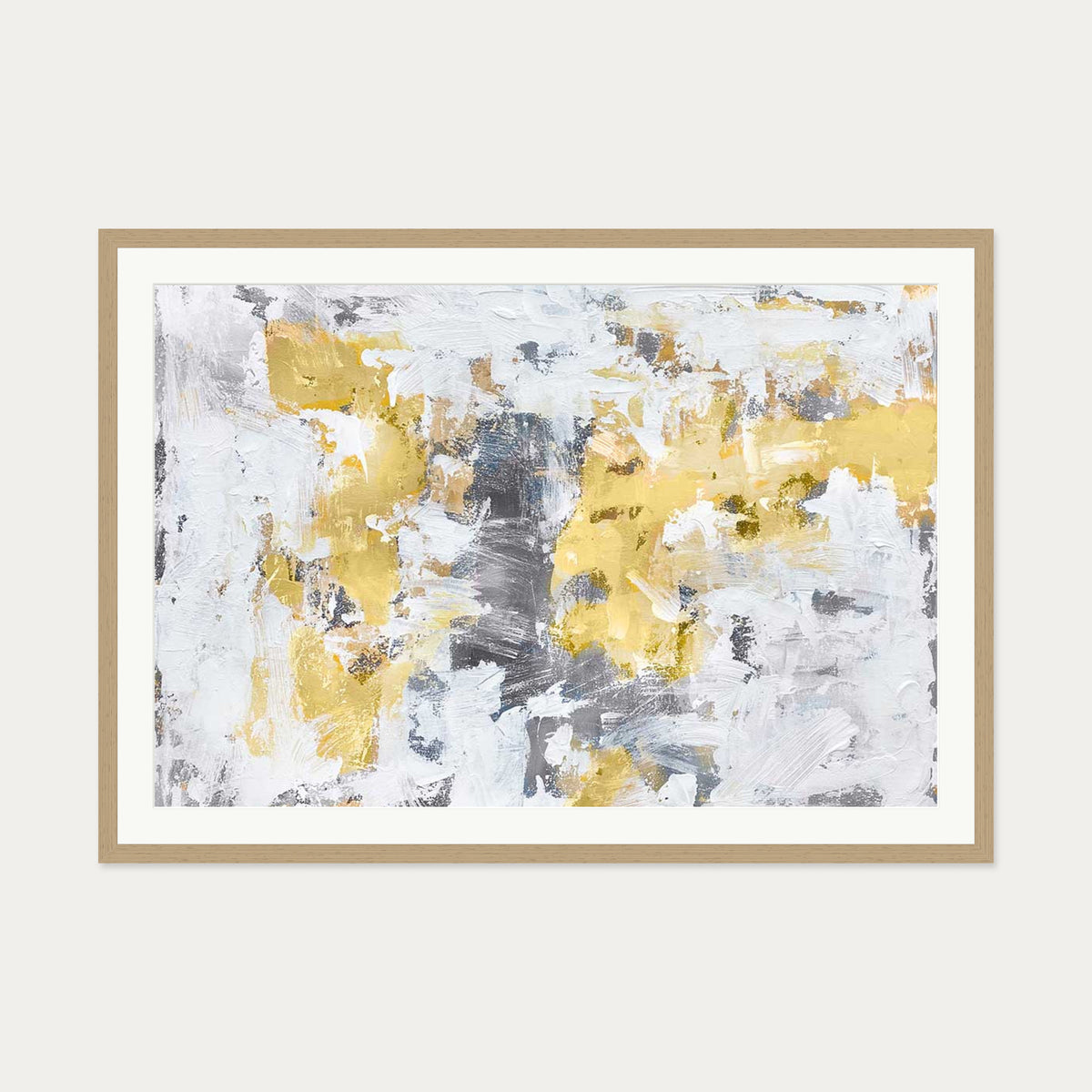 Gold and Grey Brushstrokes Art Print — 70 x 100 cm — Oak Frame