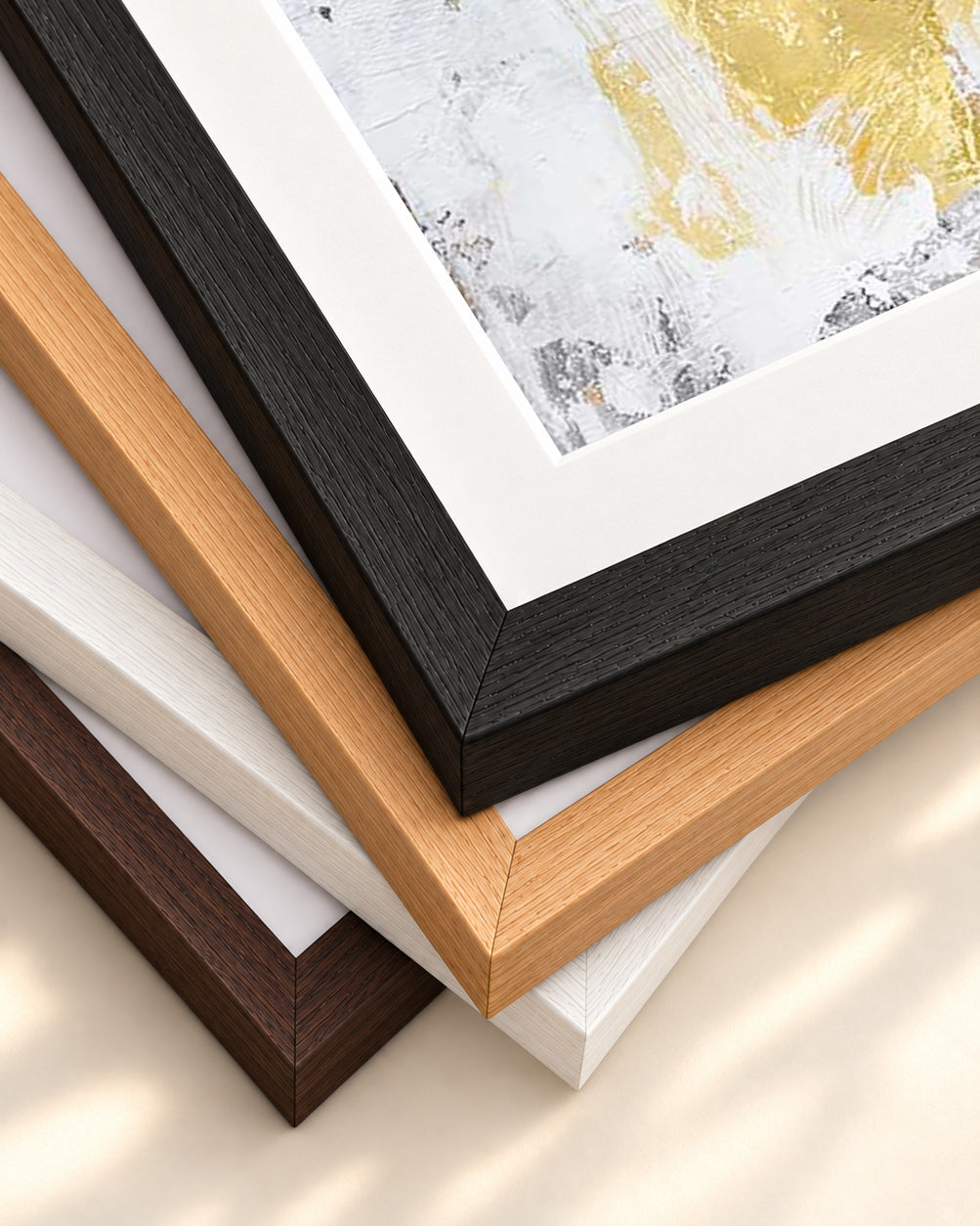 Gold and Grey Brushstrokes Art Print — framed print corner with 5 cm mount and bevel