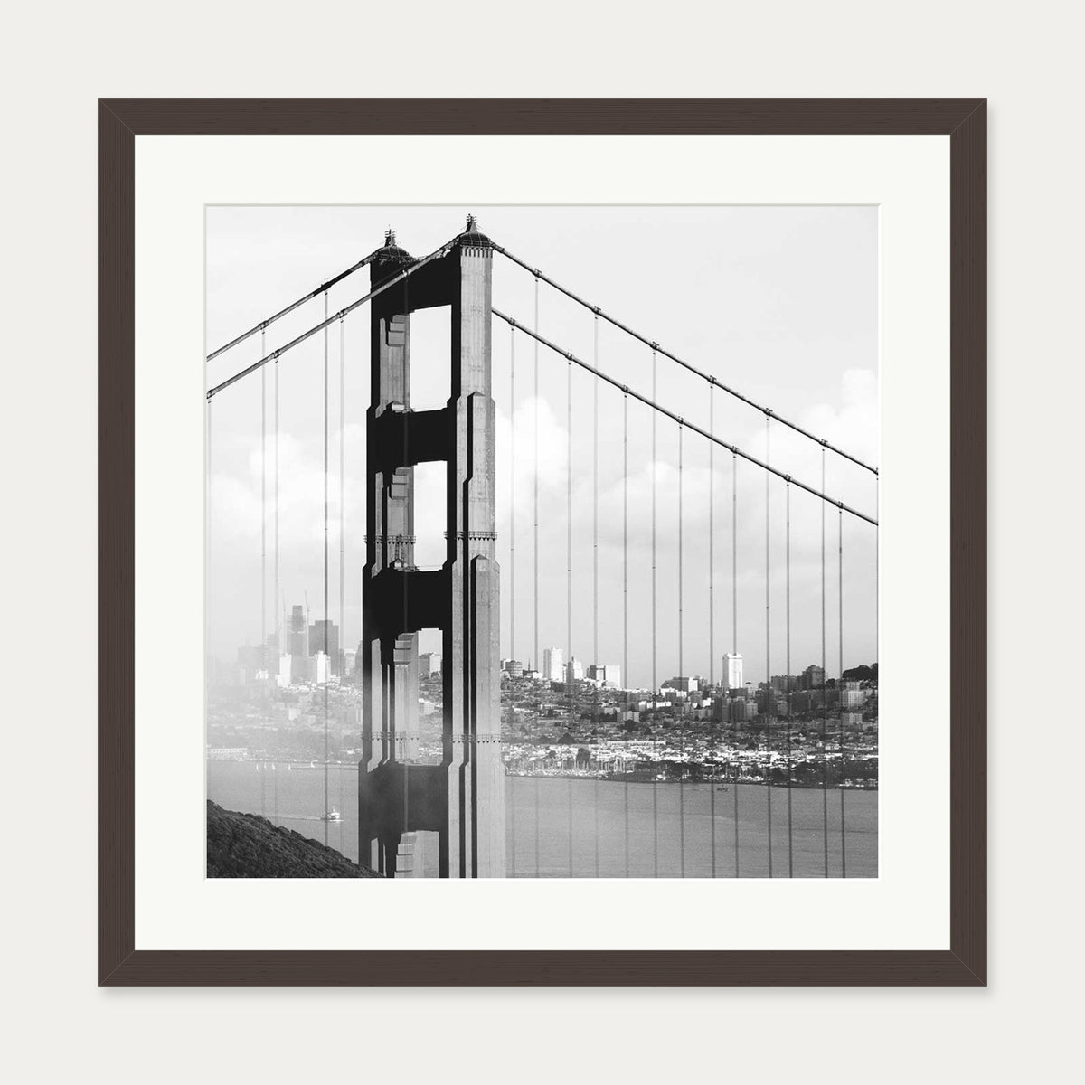 Golden Gate Bridge Art Print — 50 x 50 cm — Brown Frame