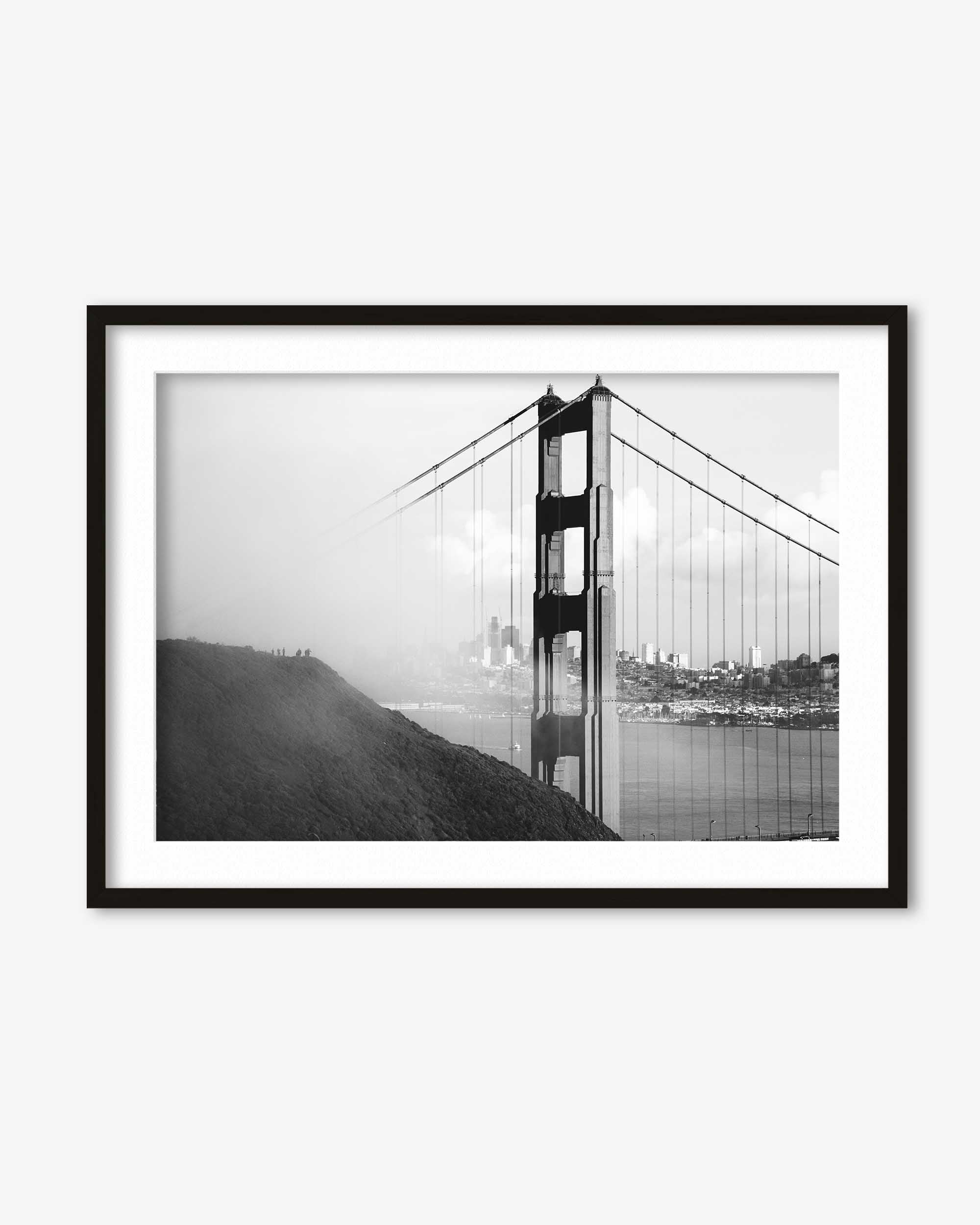 Framed black and white photograph of the Golden Gate Bridge.