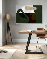 Modern interior with a wooden table, chairs, and abstract art on the wall.