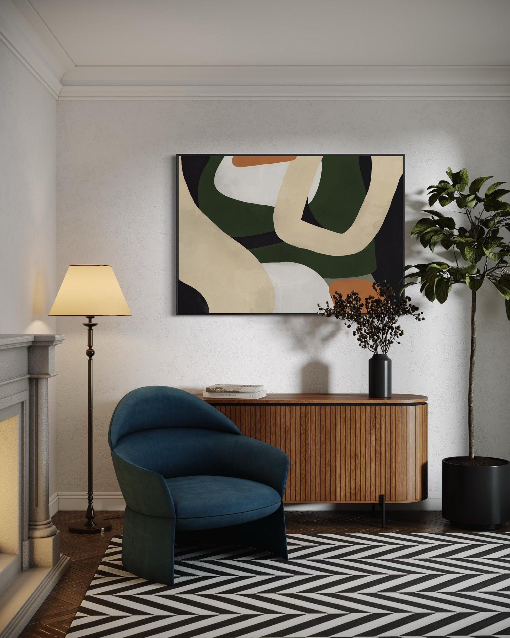 Modern living room with a blue armchair, wooden cabinet, and abstract painting.