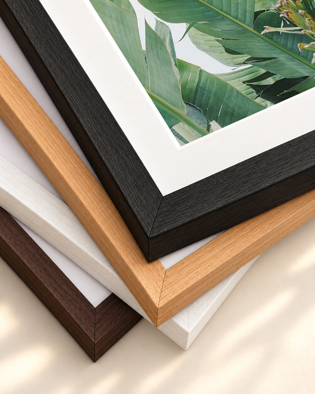 Green Botanical Leaves Wall Art Print — framed print corner with 5 cm mount and bevel