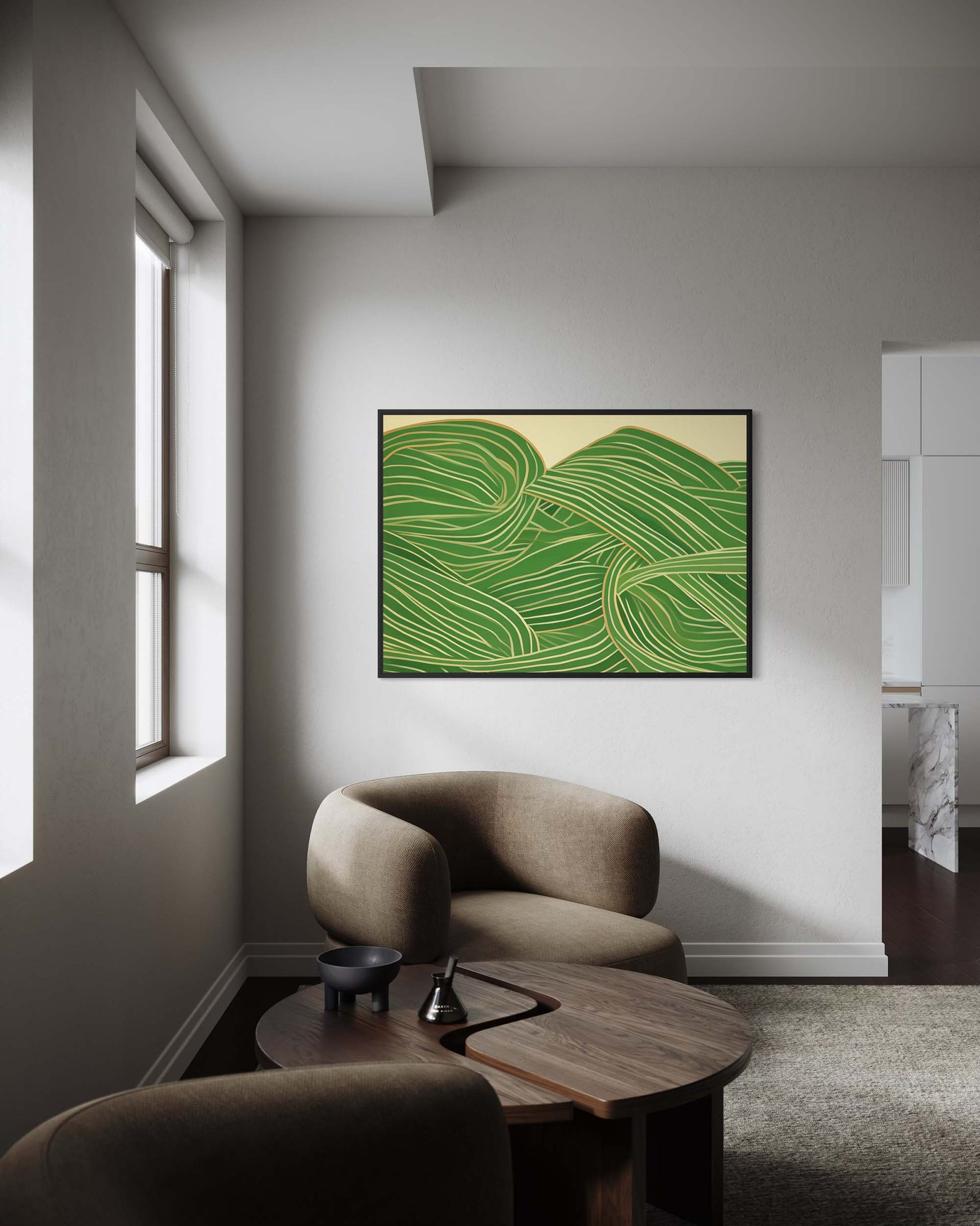 Modern living room with a green abstract painting on the wall