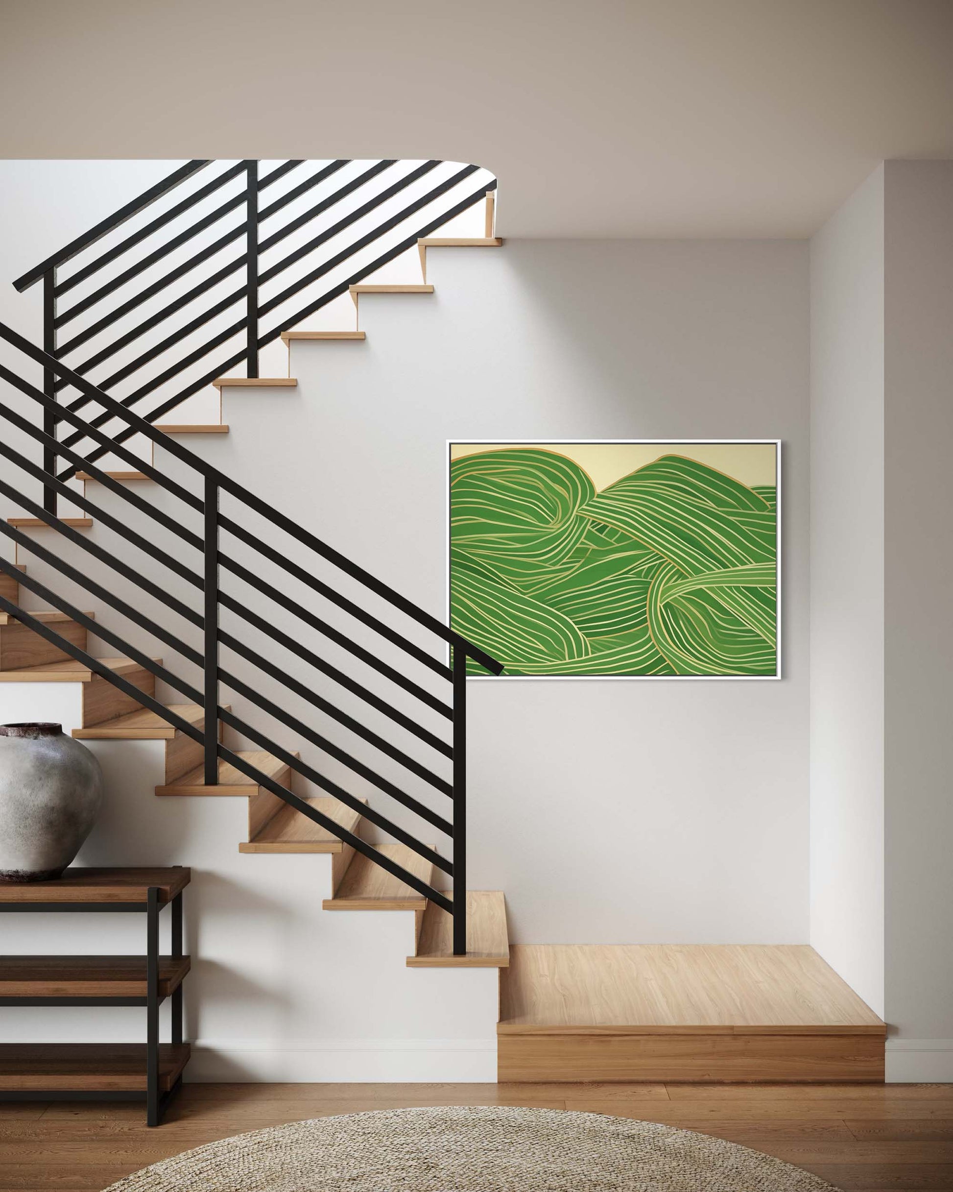 Modern staircase with black metal railing and wooden steps, featuring a green abstract painting on the wall.