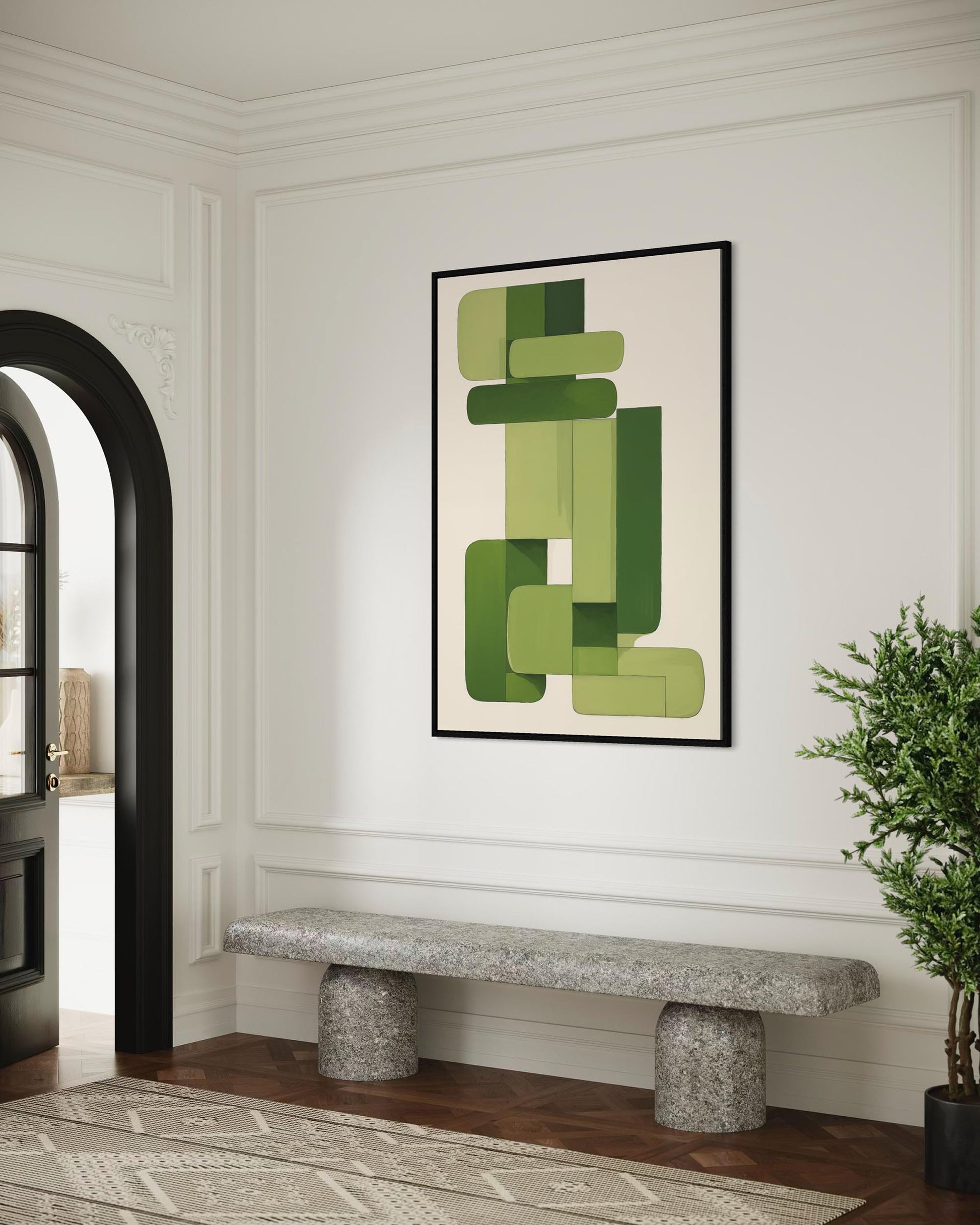 Modern interior with abstract green artwork on a white wall, stone bench, and plant.