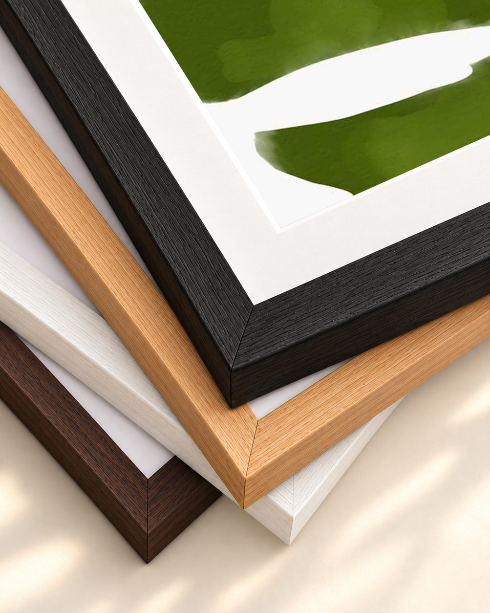 Green Illustrated Leaf Art Print — framed print corner with 5 cm mount and bevel