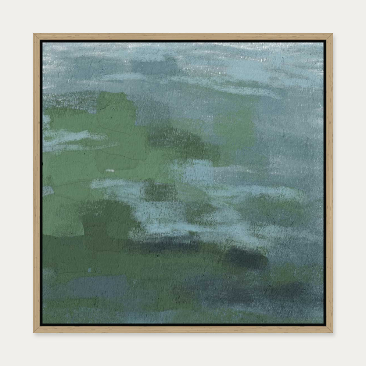 Green Teal Abstract Expressionist Canvas Art — 50 x 50 cm — Oak Frame