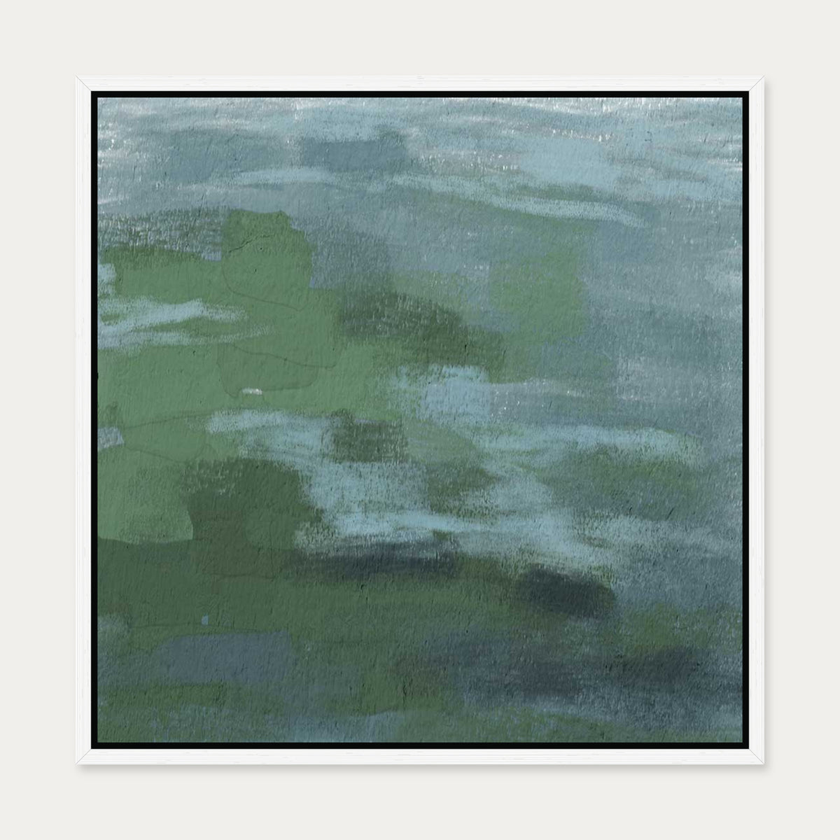 Green Teal Abstract Expressionist Canvas Art — 50 x 50 cm — White Frame