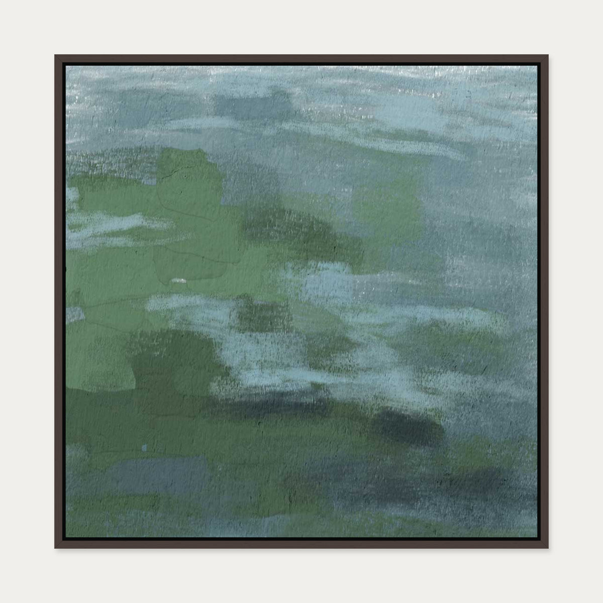Green Teal Abstract Expressionist Canvas Art — 70 x 70 cm — Brown Frame