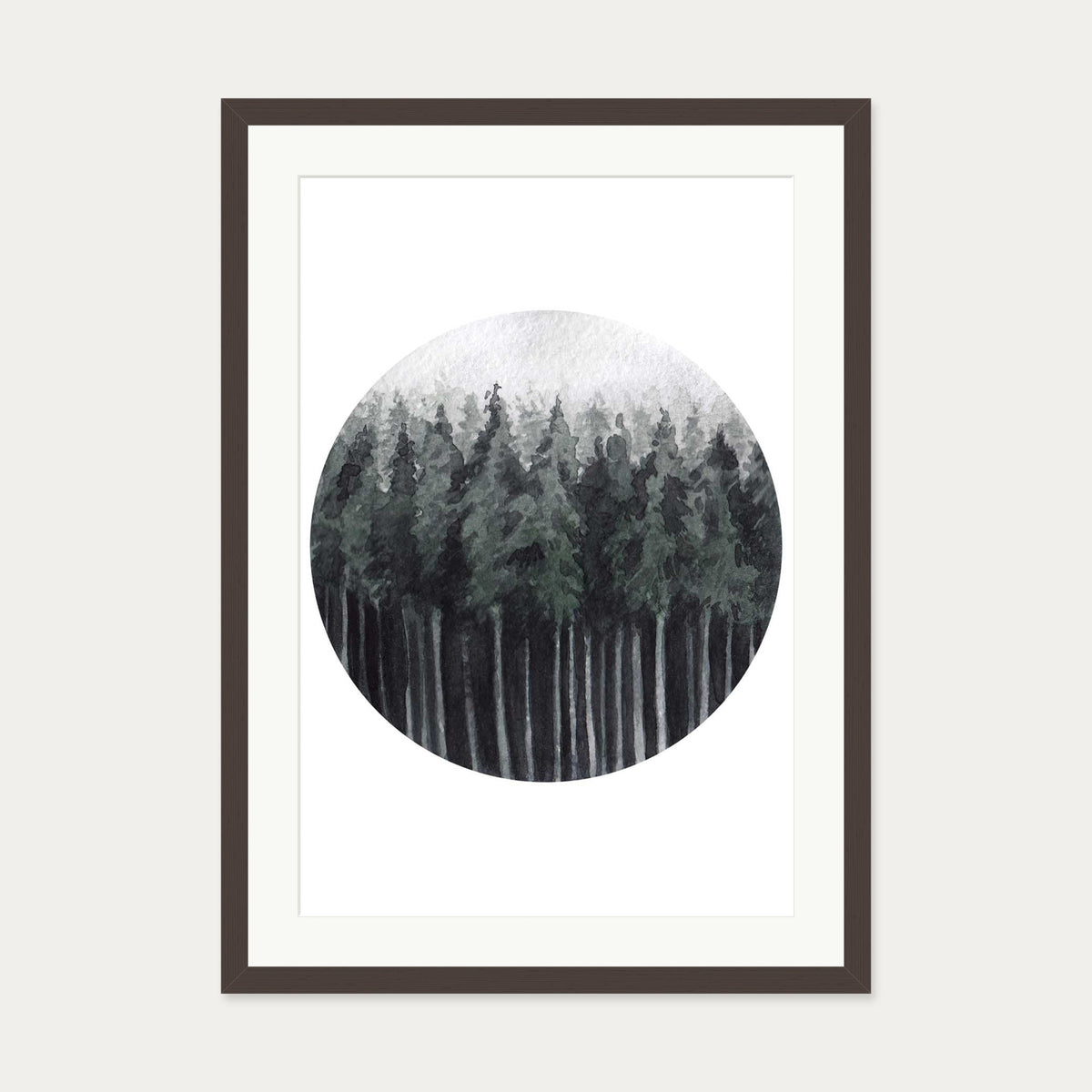 Green Watercolour Forest Art Print — 50 x 70 cm — Brown Frame