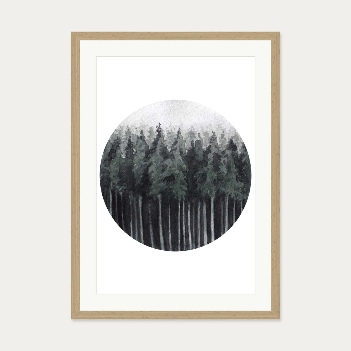 Green Watercolour Forest Art Print — 50 x 70 cm — Oak Frame