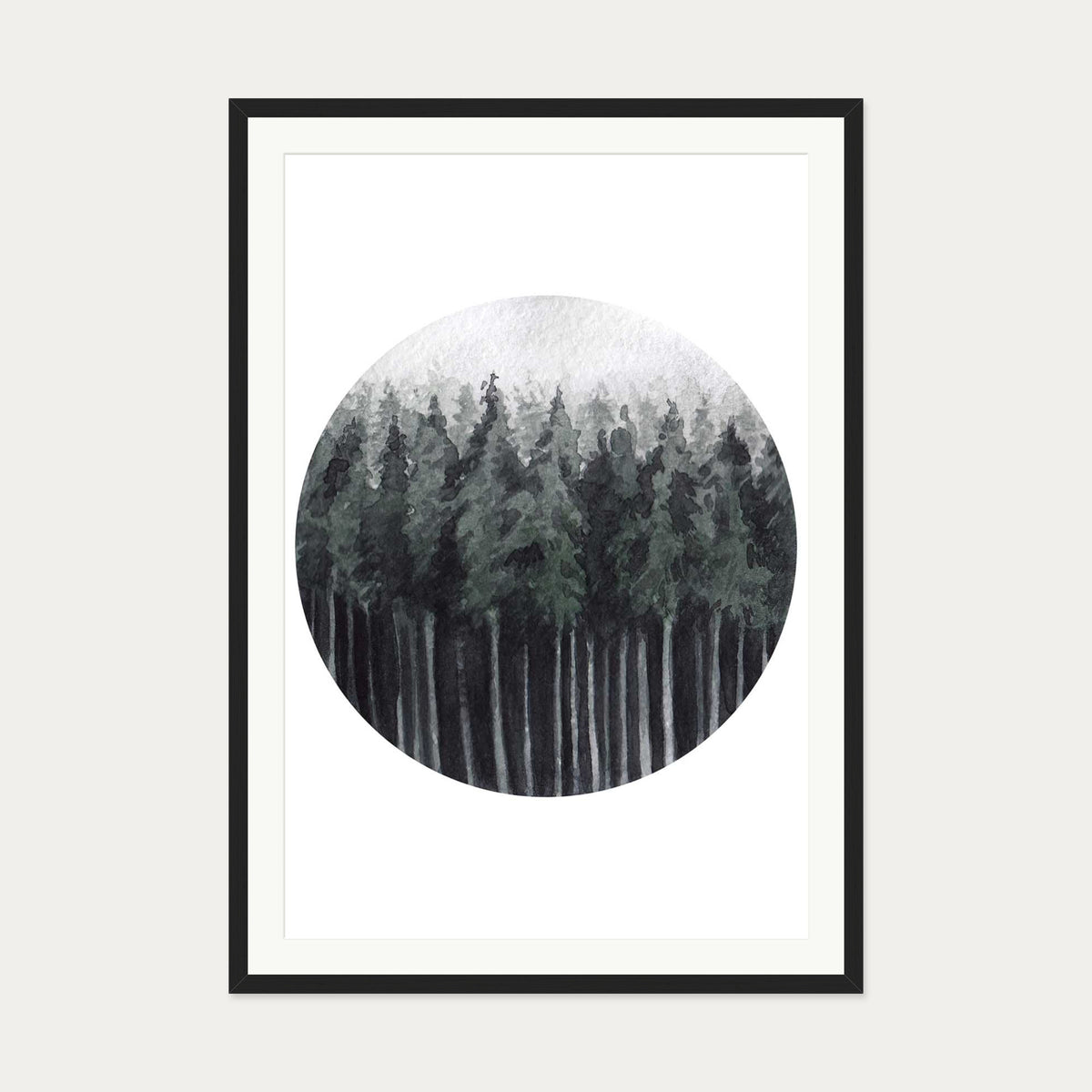 Green Watercolour Forest Art Print — 70 x 100 cm — Black Frame