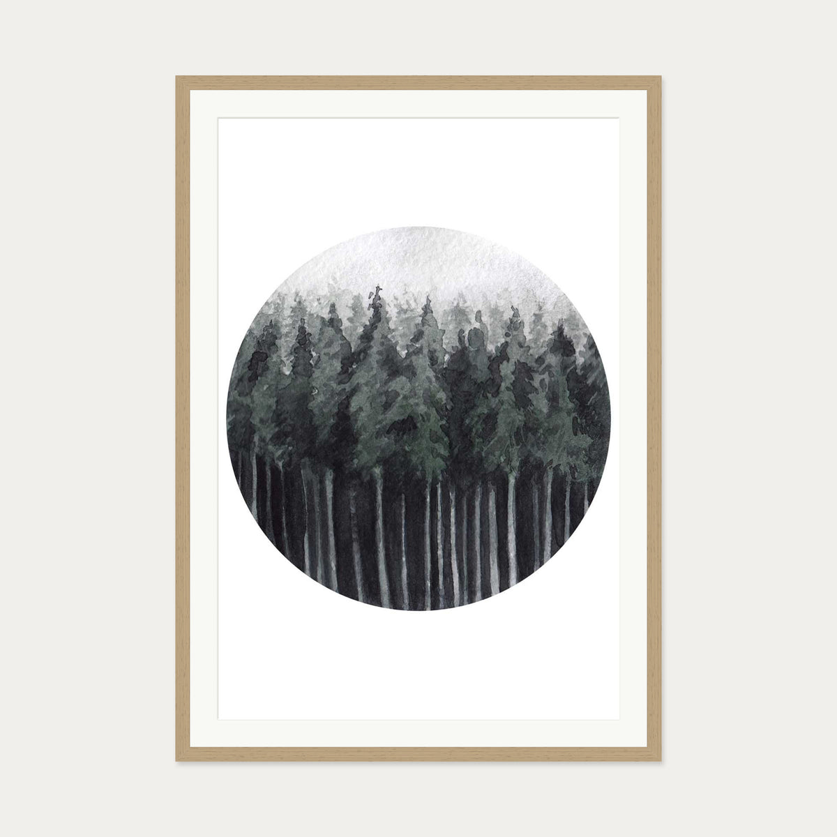 Green Watercolour Forest Art Print — 70 x 100 cm — Oak Frame