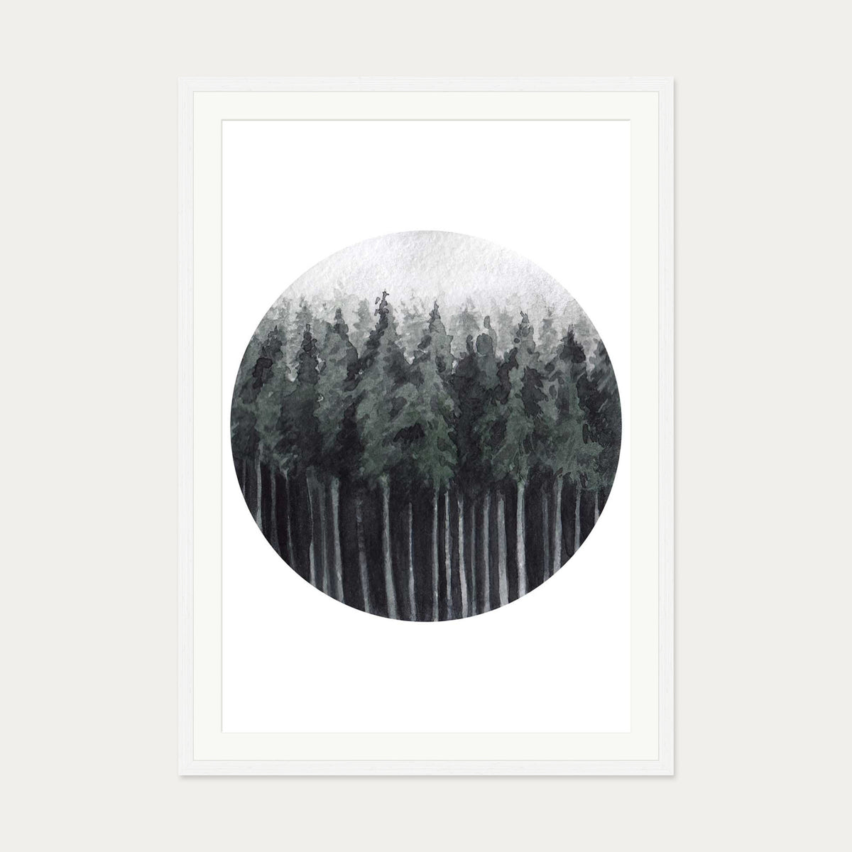 Green Watercolour Forest Art Print — 70 x 100 cm — White Frame