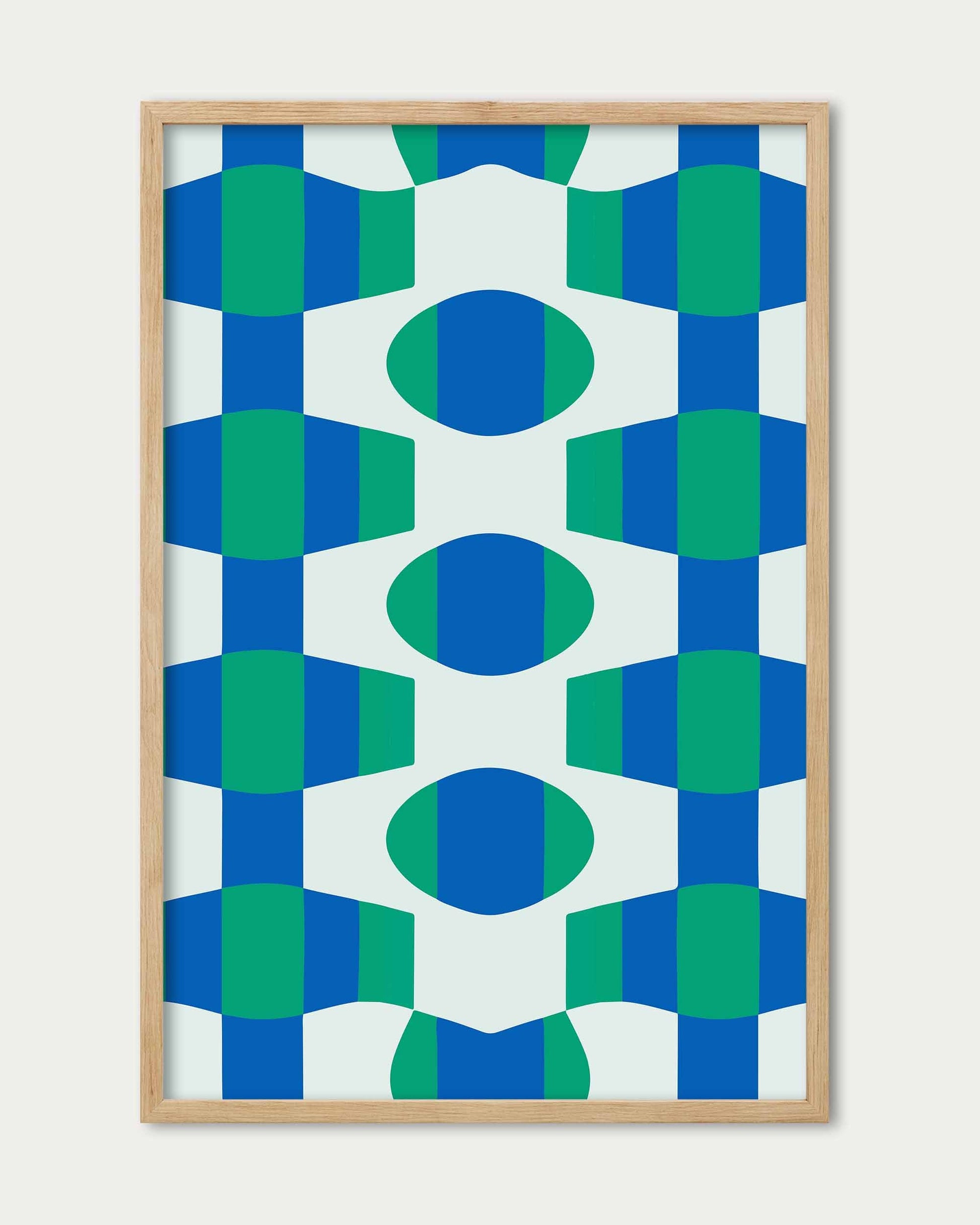 framed geometric abstract art print in blue and green pattern